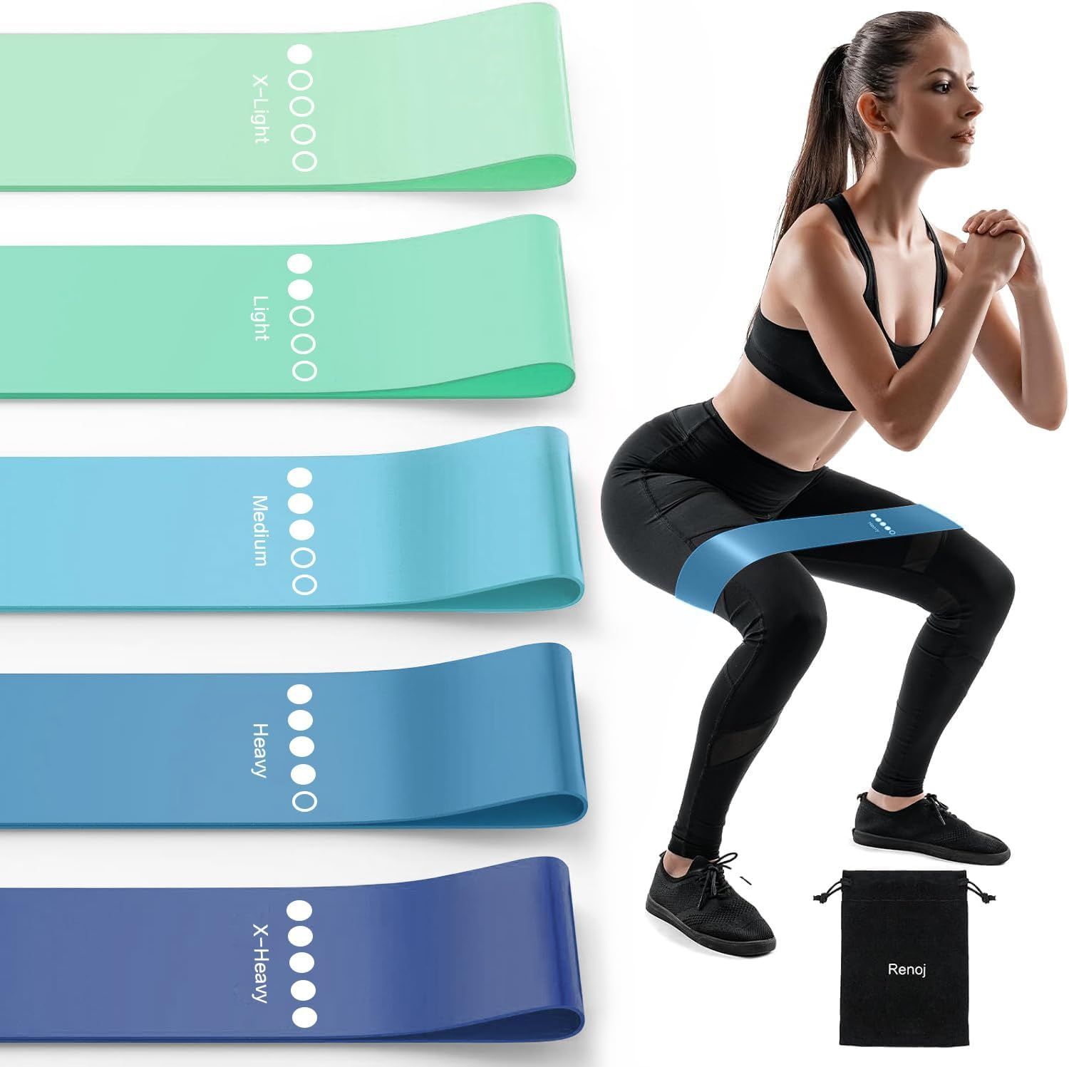 Shows the complete set of resistance bands in different colors representing varying resistance levels, demonstrating the product's versatility for different…