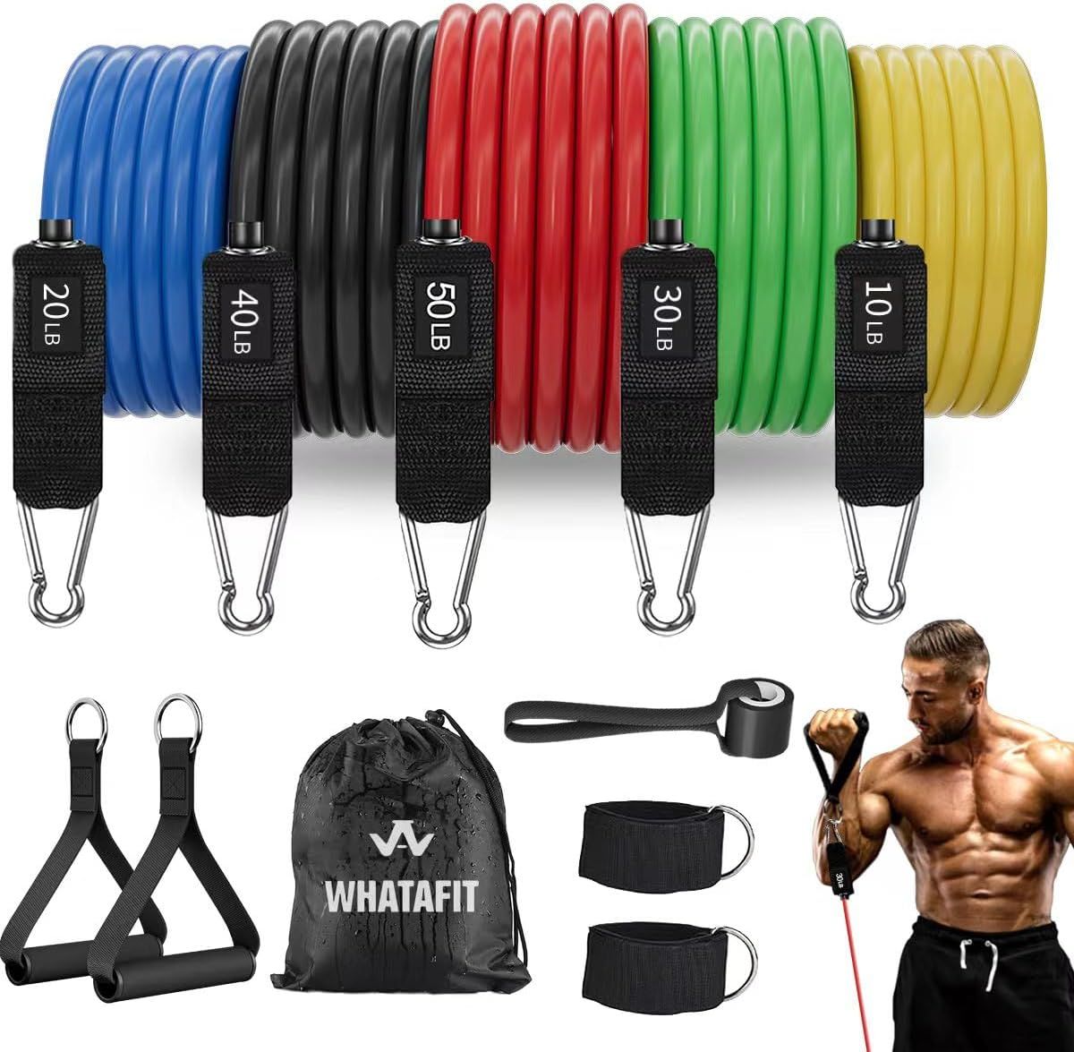 Shows the complete resistance band set with five different resistance levels (20-50 LB) in distinct colors, communicating the variety and progressive training…