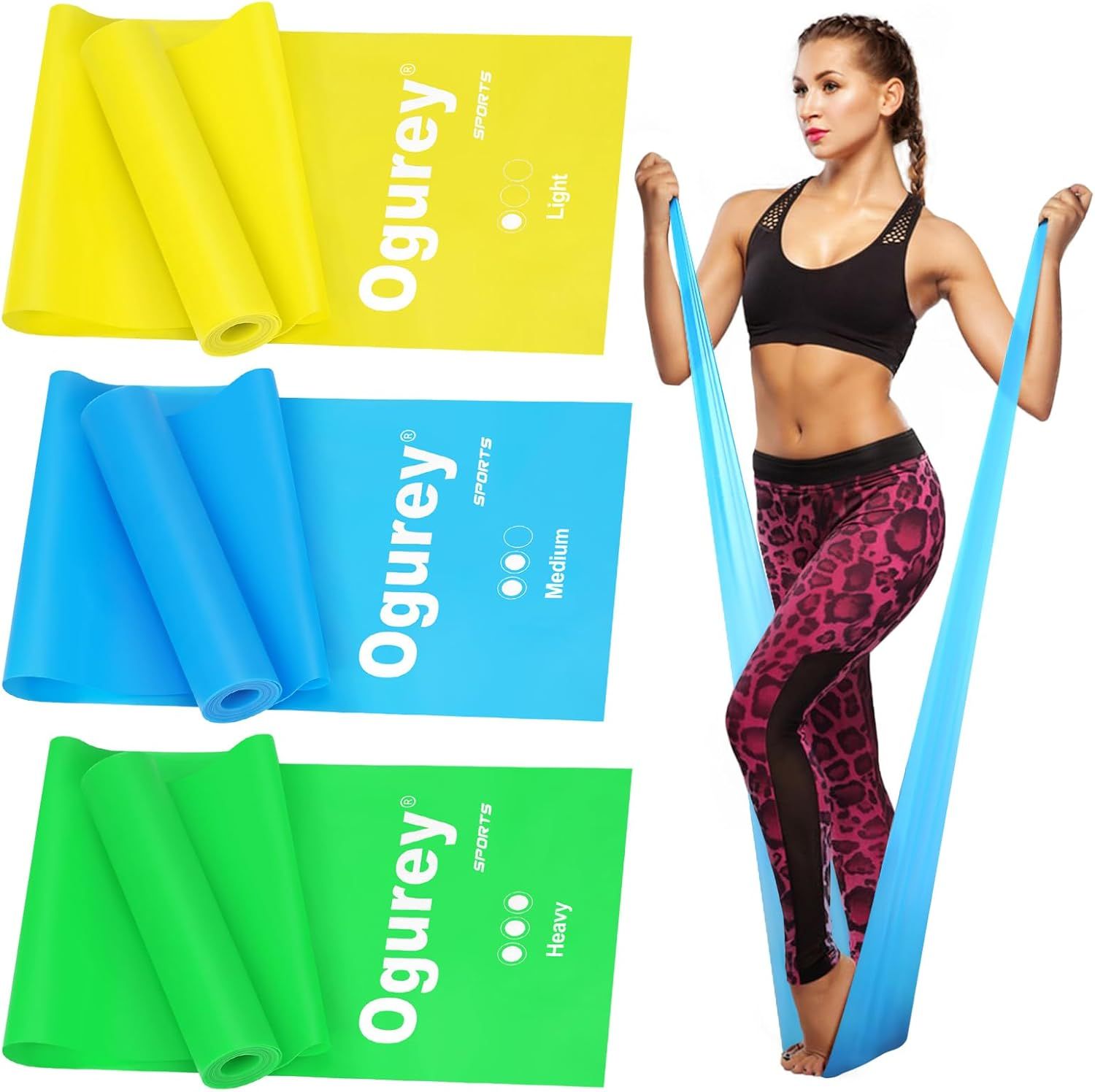 Shows the product is available in three different resistance levels (Light, Medium, Heavy) indicated by color-coded bands, allowing shoppers to choose the appropriate difficulty level for their…