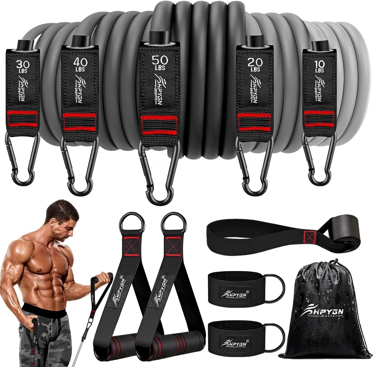 Displays the core product—a complete resistance band set with clearly labeled weight increments (10-50 lbs) and included accessories—to show shoppers exactly…