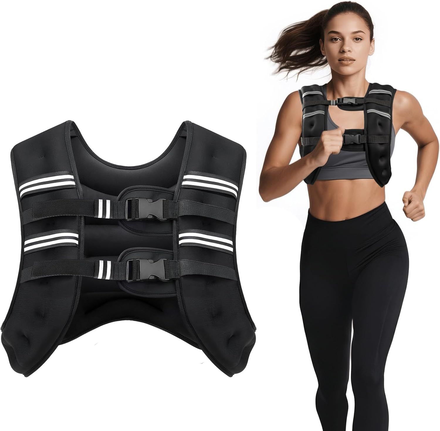 Shows the weighted training vest both as a standalone product and worn by a model to communicate its design, fit, and use for fitness training. Demonstrates how the weighted vest fits on a person…