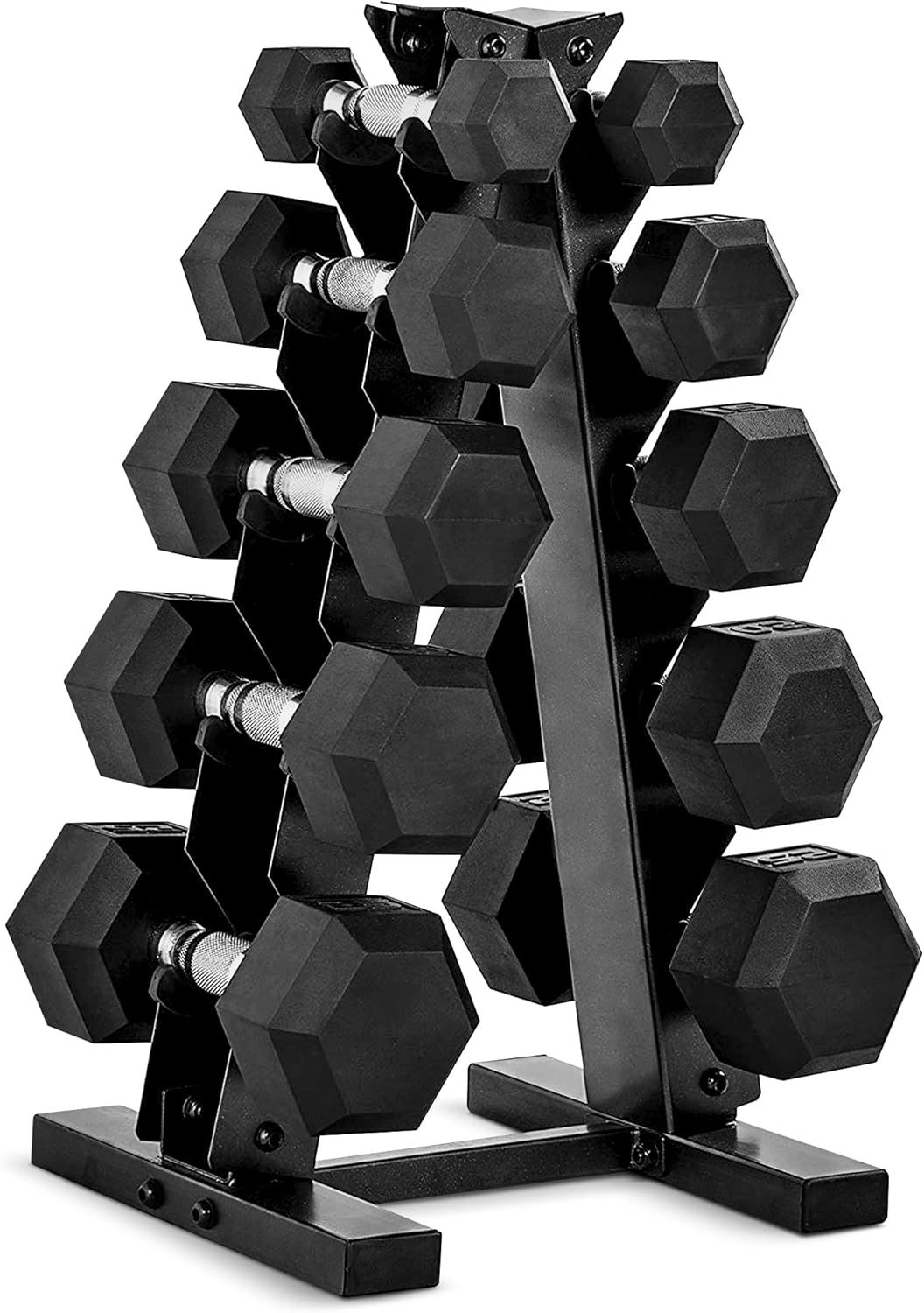 CAP 150 LB Rubber Coated Hex Dumbbell Hand Weight Set with Vertical Storage Rack