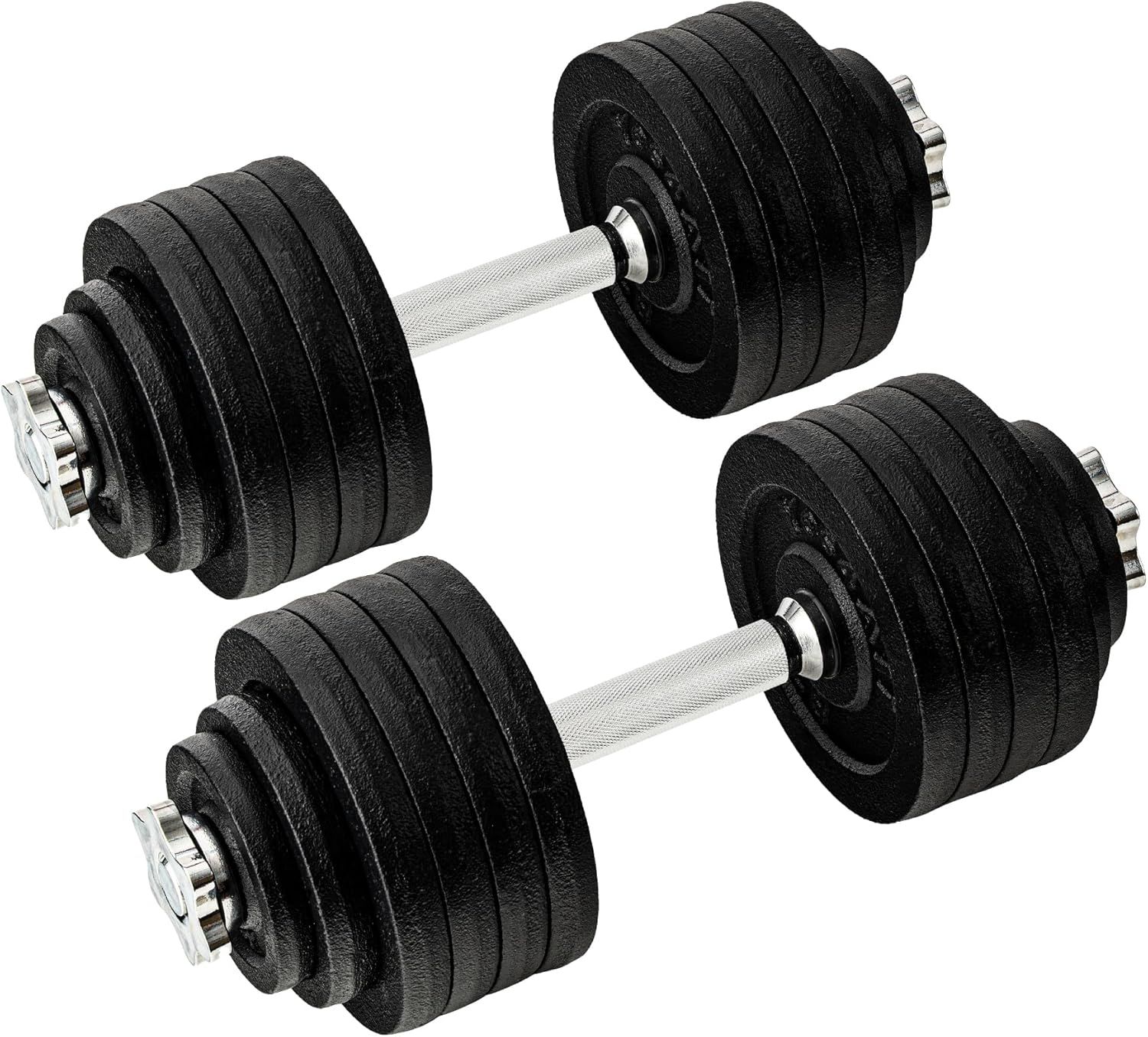 Displays the core product, a pair of adjustable dumbbells with multiple weight plates, clearly showing what the buyer will receive in a clean catalog-style…