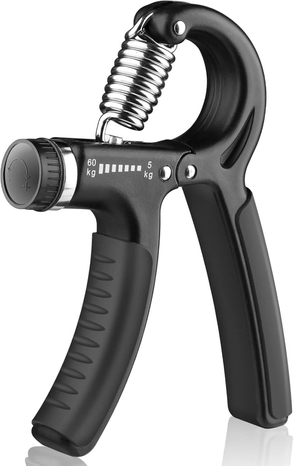 Displays the core product clearly on a white background, showing the hand gripper's design, adjustable resistance dial (5-60 kg), spring mechanism, and…
