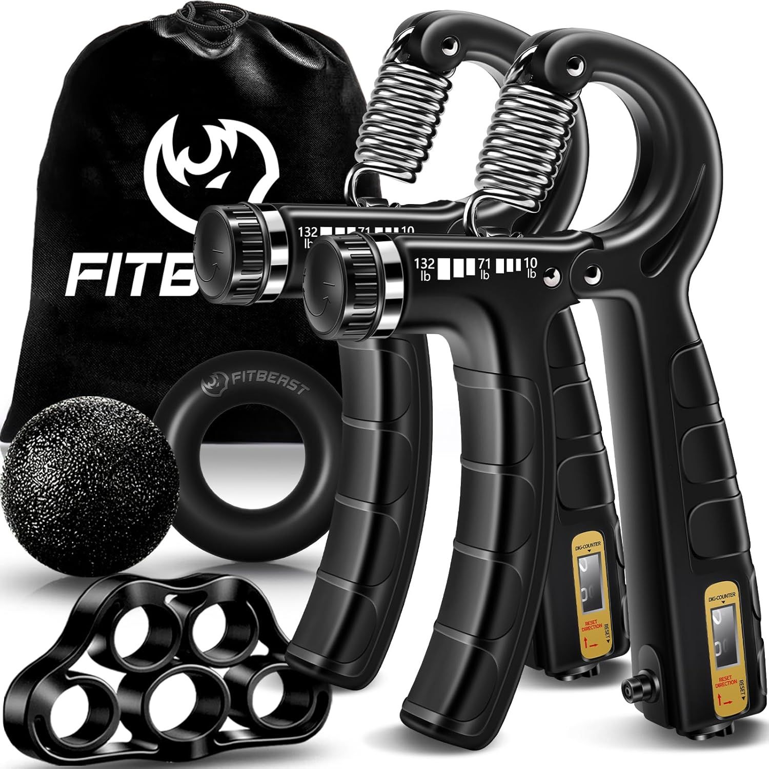 Displays the complete hand grip strengthener kit with all included training accessories to show shoppers the full value and variety of equipment they will…