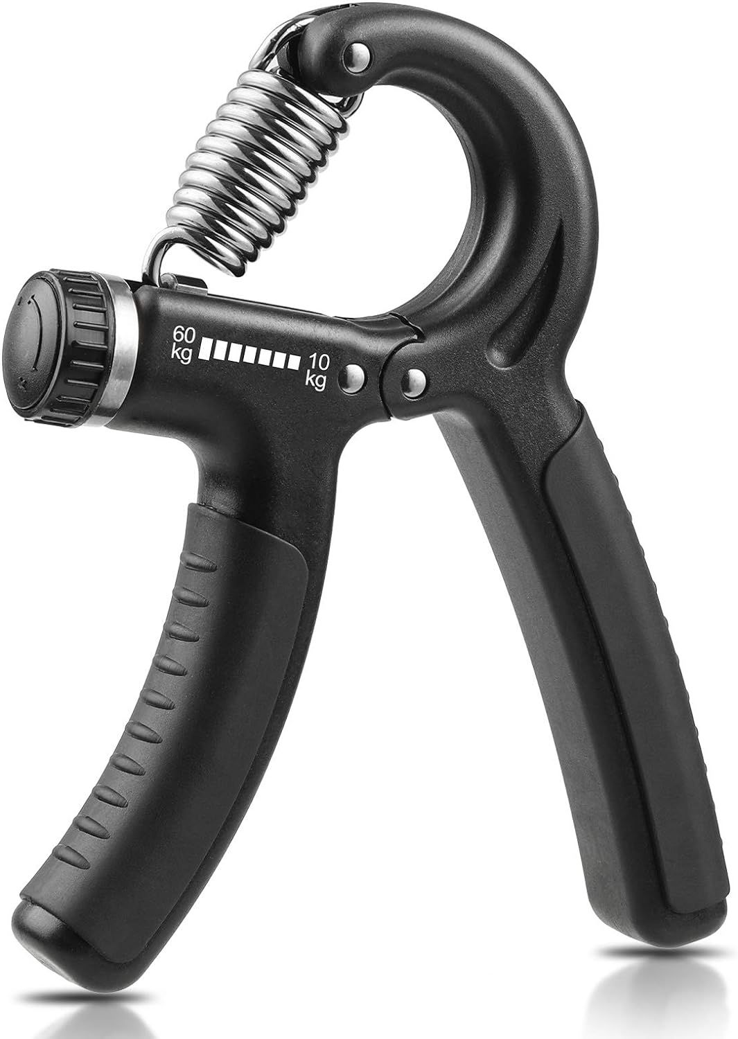 Displays the hand grip strengthener clearly on a white background to show its design, adjustable resistance dial (10-60kg), and ergonomic handles, helping…
