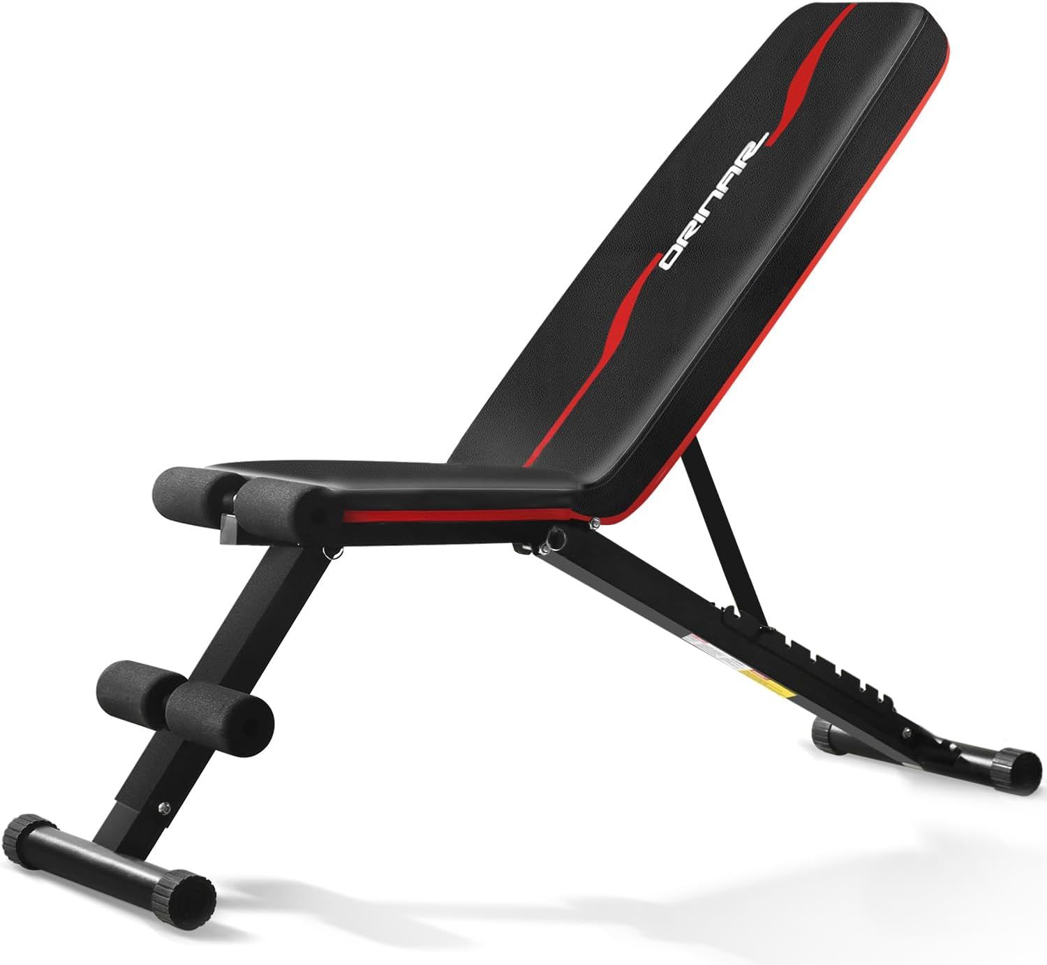 Displays the core product, an adjustable fitness bench with black and red styling, clearly showing its structure and design to help shoppers understand what they are purchasing. Uses a subtle drop…