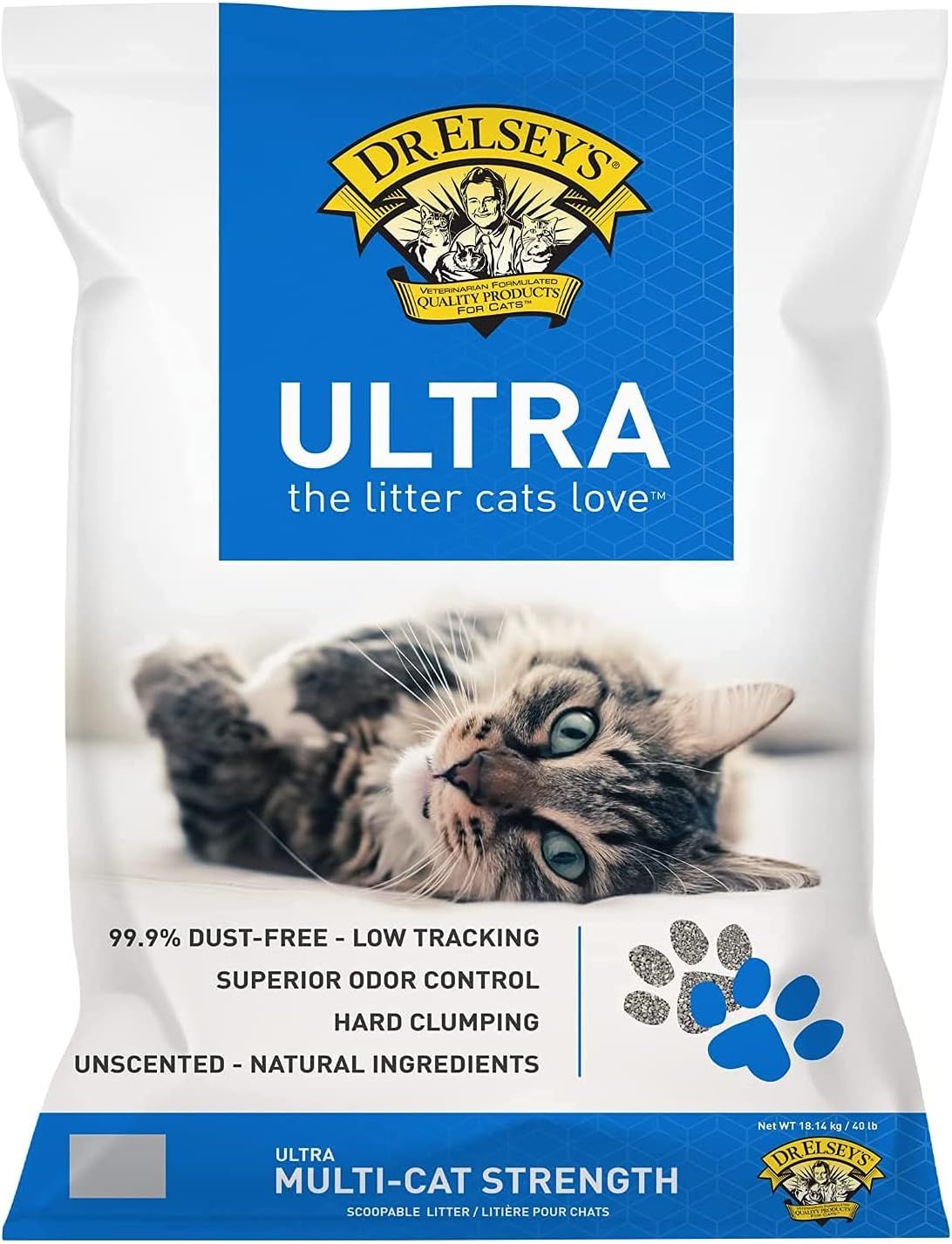 Shows the cat litter product packaging with key features prominently displayed to communicate the product's benefits including dust-free formula, low…