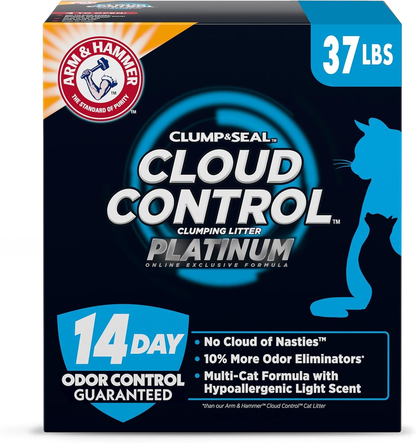 Shows the retail packaging to help shoppers identify the product on the shelf and understand key features like 14-day odor control, clumping formula, and 37 lbs size before purchase. Uses graphic…