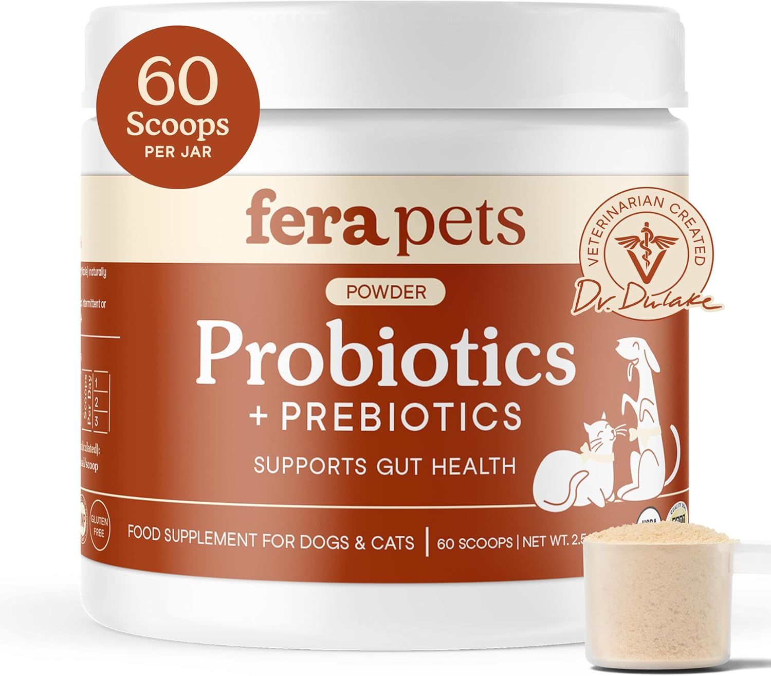 Shows the core product—a veterinarian-created probiotic powder for dogs and cats—clearly displaying the jar and a scoop of powder to communicate what the shopper will receive. Highlights key selling…