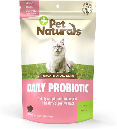 Shows the retail package of a daily probiotic supplement for cats, communicating the product's core benefit of supporting digestive health. Displays the physical retail packaging the buyer will…