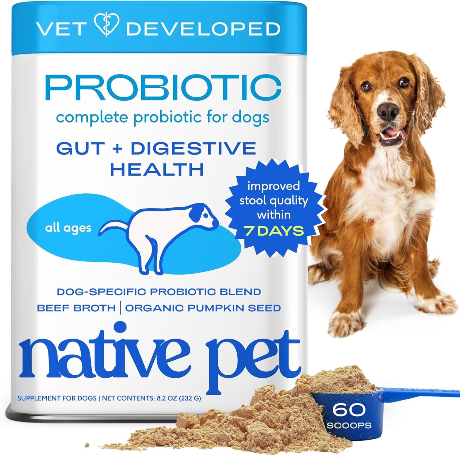 Shows the core product (probiotic supplement container) with key benefits prominently displayed to communicate its purpose for dog digestive health. Features a dog model to help shoppers visualize…