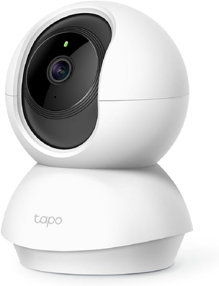 Displays the core product, a white pan-tilt security camera with visible lens and branding, in a clean catalog-style presentation to show shoppers exactly what they will receive. Uses a subtle…