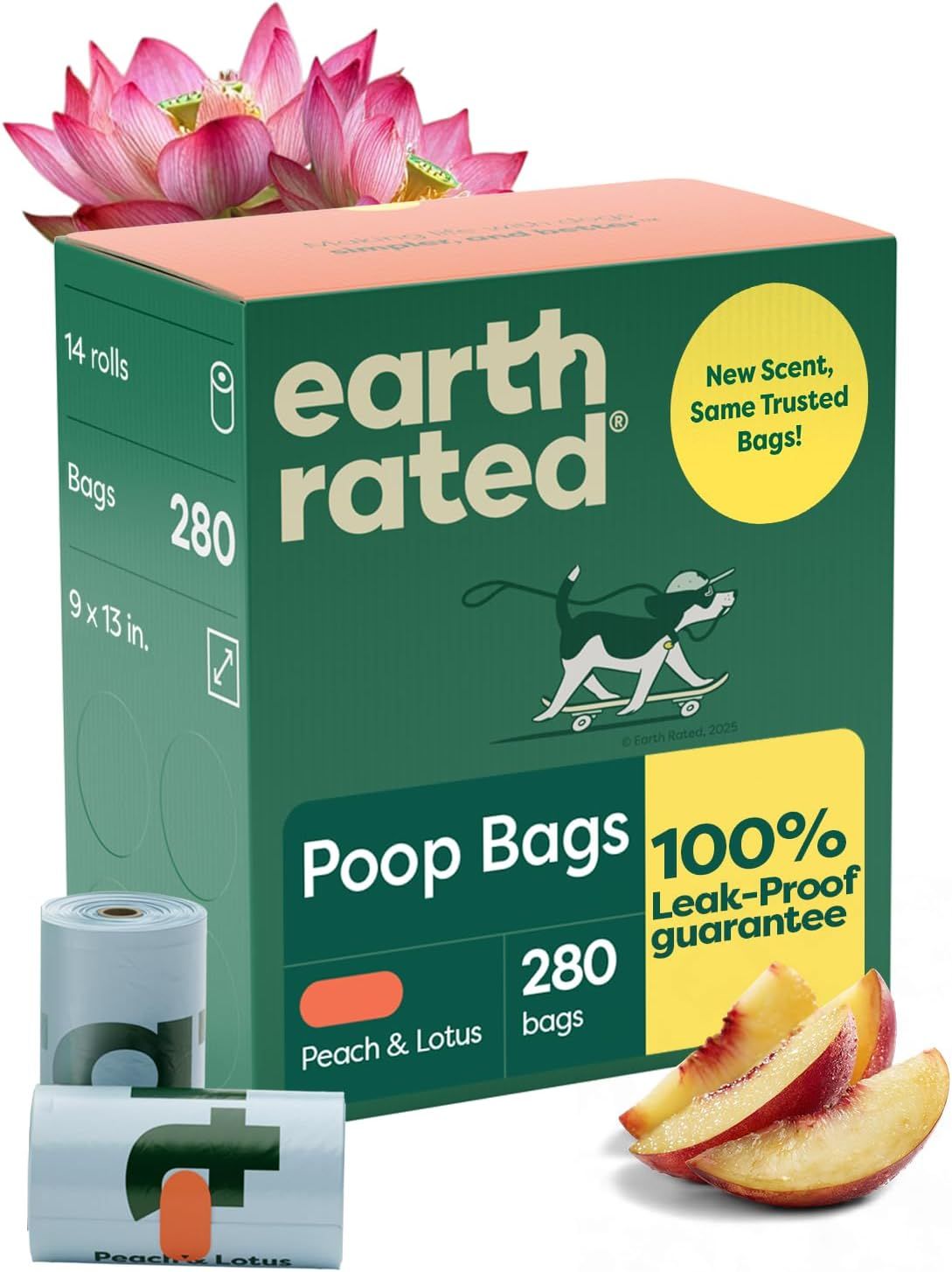 Shows the core product packaging and a sample roll to communicate what the shopper will receive, emphasizing the leak-proof guarantee and new peach and lotus scent. Uses decorative lotus flowers and…