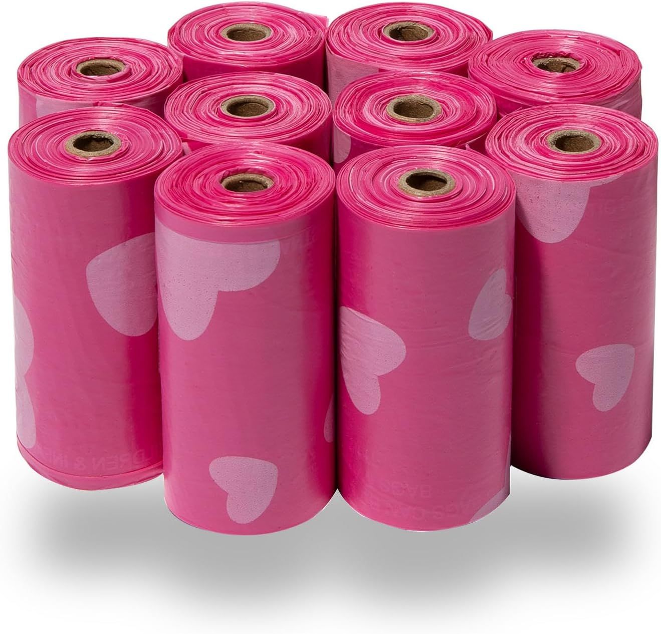 Shows the core product clearly—multiple rolls of pink dog waste bags with decorative hearts—so shoppers can see exactly what they are purchasing and the…