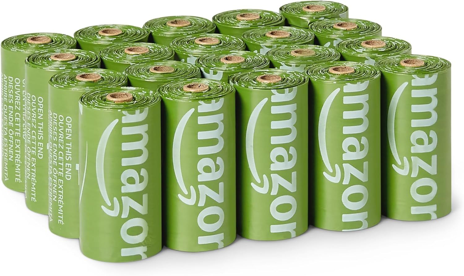 Shows the core sellable product - multiple rolls of green biodegradable dog waste bags with clear branding, demonstrating the quantity and eco-friendly nature…