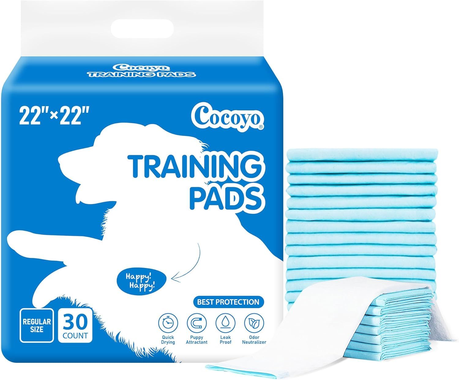 Shows the core product (training pads) alongside its retail packaging to communicate what the buyer will receive, including the 30-count quantity and 22x22…