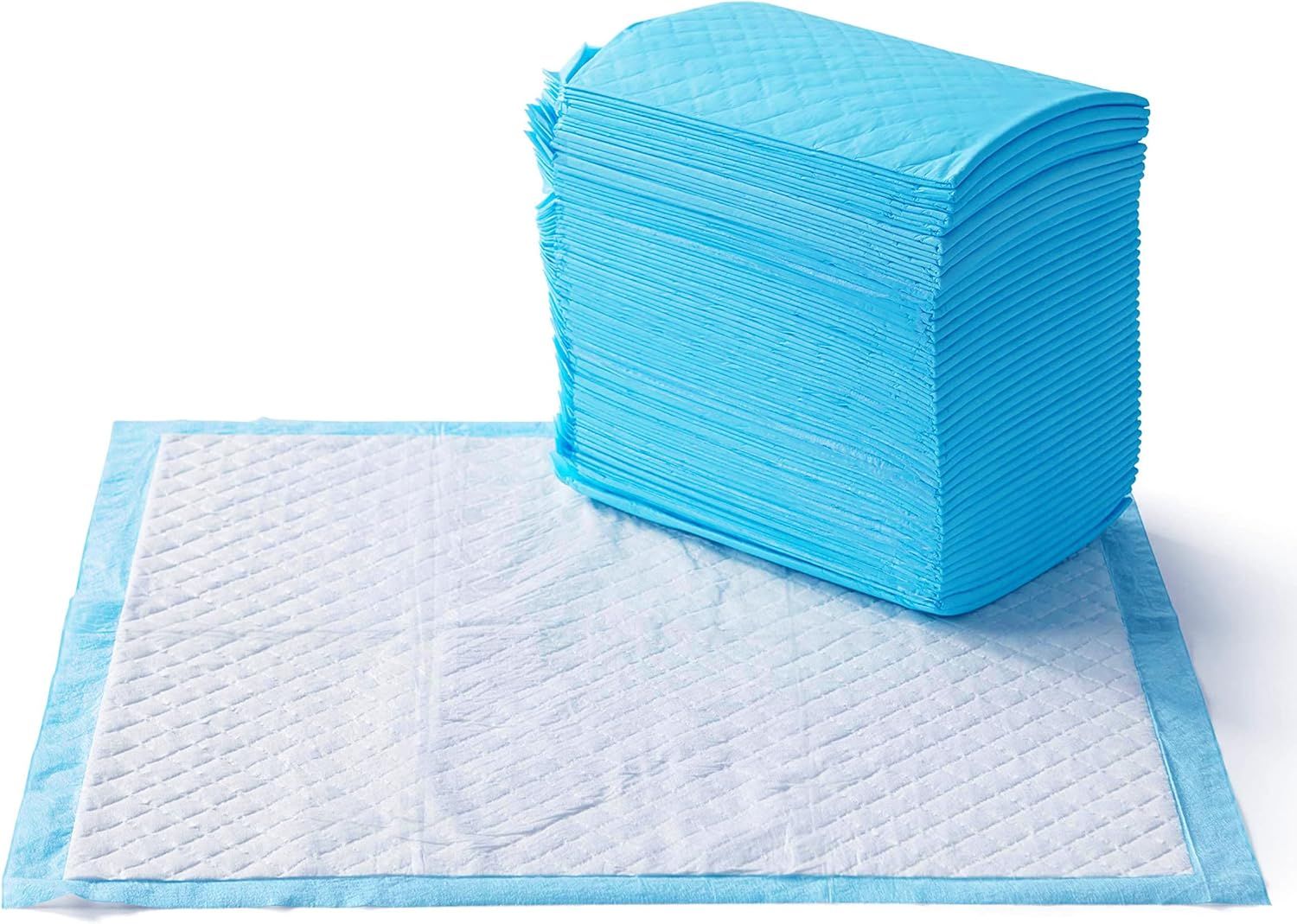 Shows the core product as a large stack of disposable absorbent pads to communicate quantity value and demonstrate the quilted texture and construction of the…