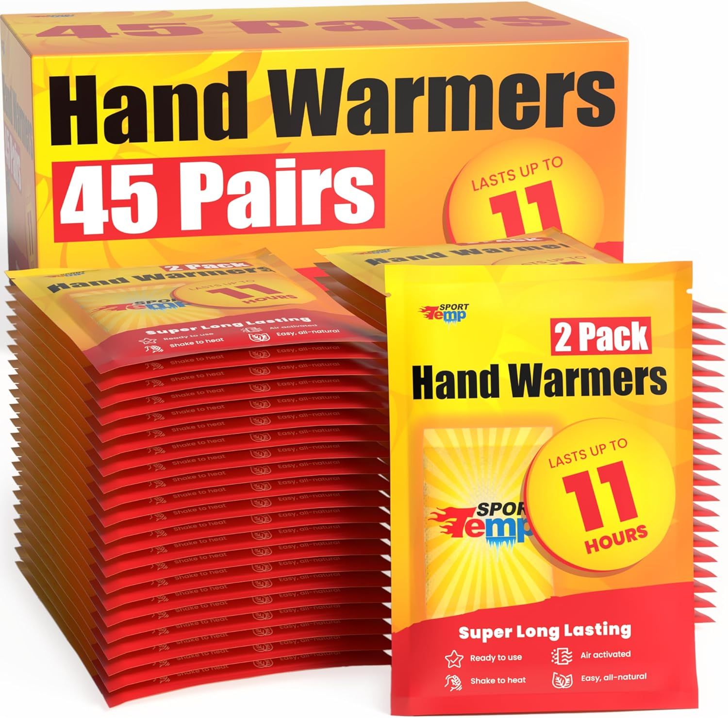 Shows the core product offering of 45 pairs of hand warmers in retail packaging, clearly displaying the quantity and what the shopper will receive. Displays both the outer retail box and individual…