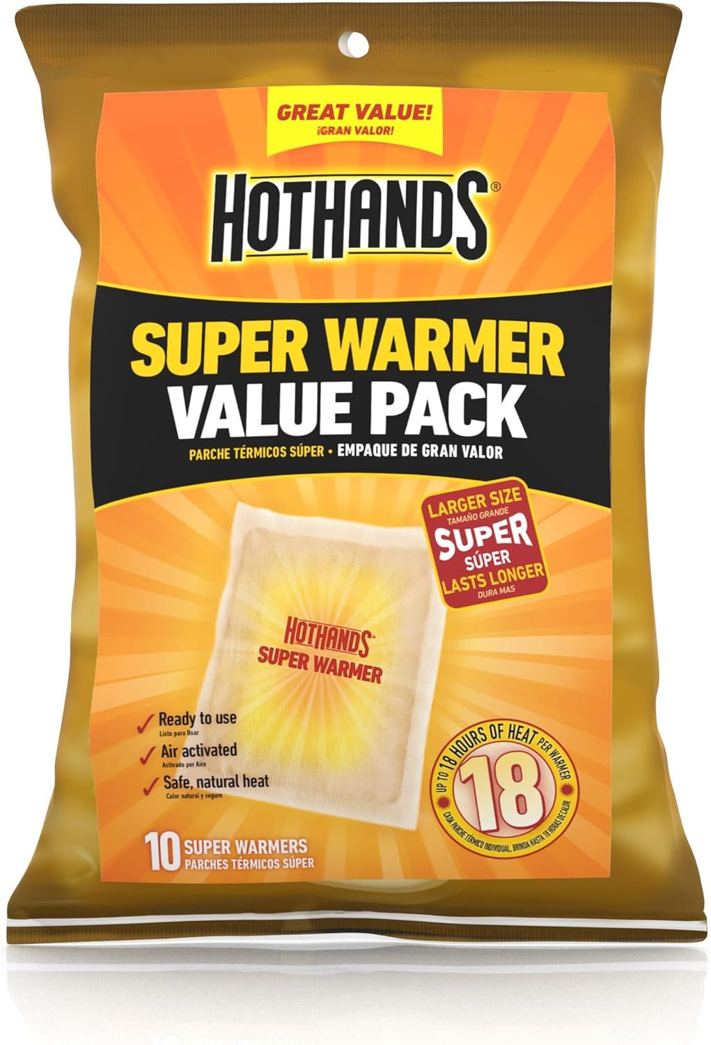 Shows the retail packaging to communicate the product is a value pack containing 10 super warmers, reassuring shoppers about quantity and what they will receive. Displays the core product (hand…