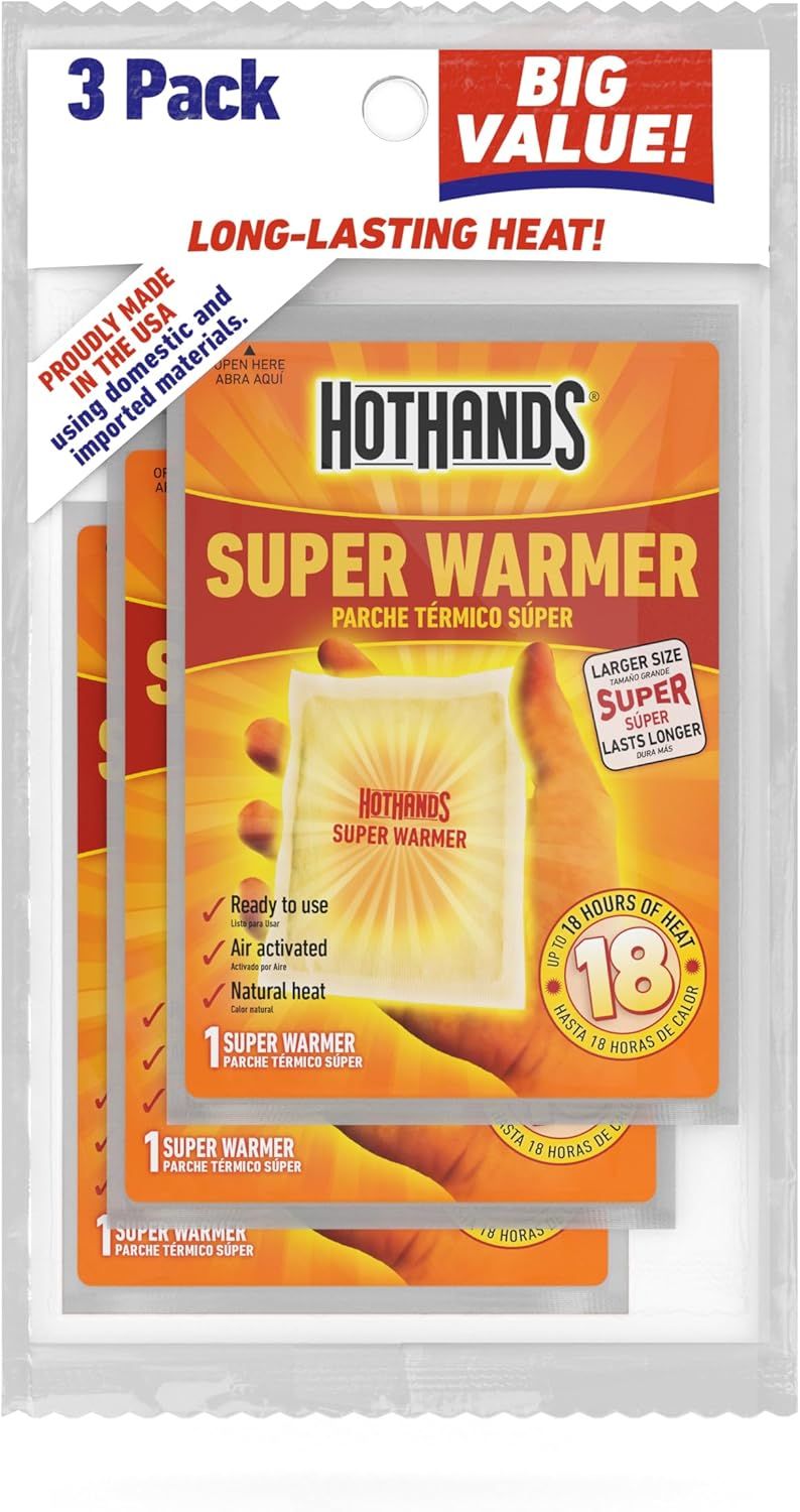 Shows the 3-pack of HotHands Super Warmer heat packs in retail packaging to communicate the quantity, brand, and key benefit of long-lasting heat for up to 18 hours. Displays the actual retail…