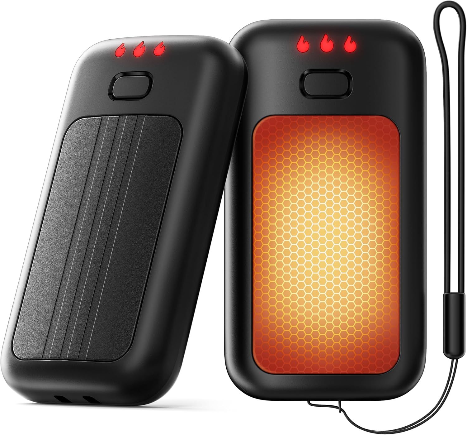 Demonstrates the product's heating capability by showing it in both off and on states, with the glowing orange heating element and flame icons indicating multiple heat levels to reassure shoppers…