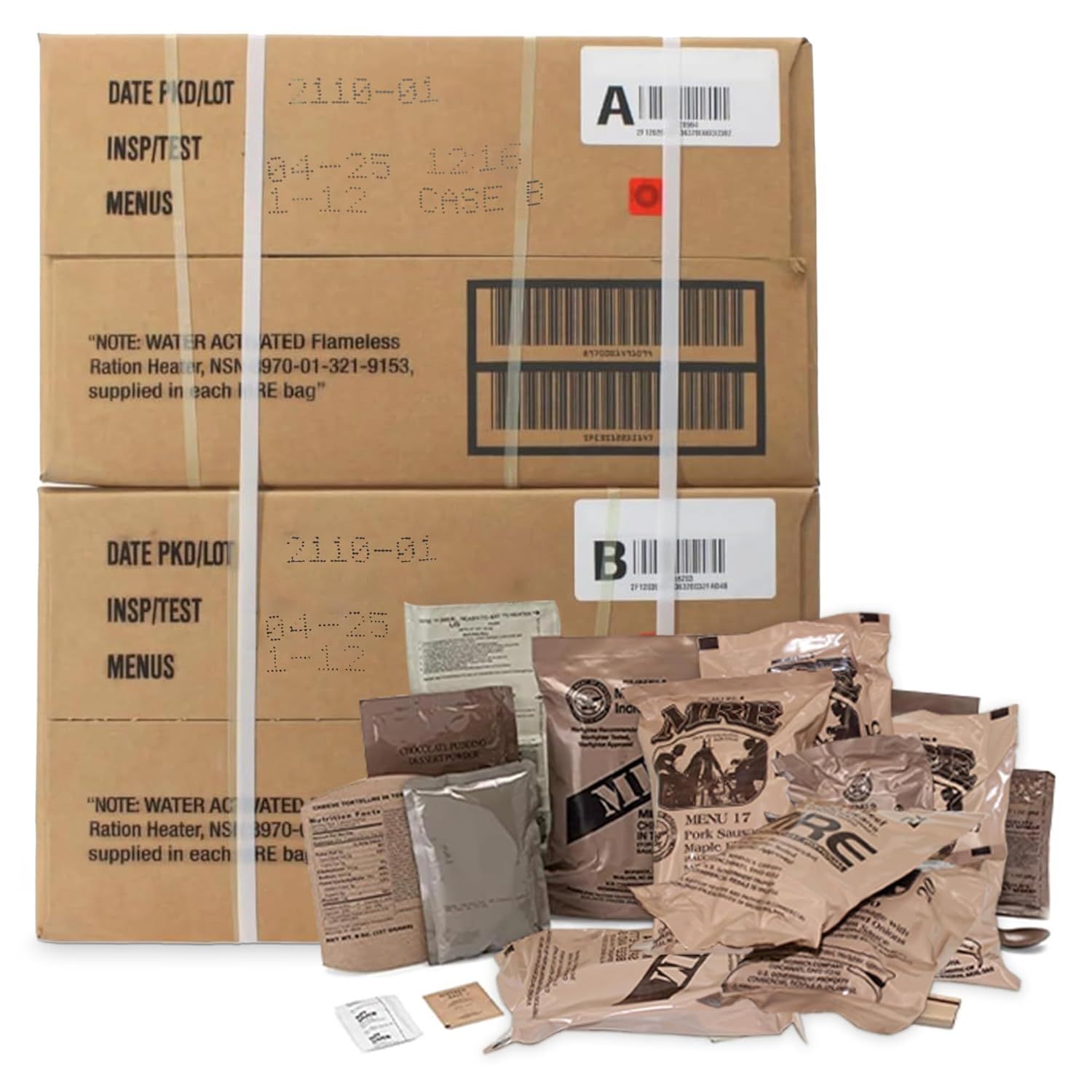 Shows the complete MRE product including both the shipping cases and individual meal pouches to communicate what the buyer receives and the quantity included.…