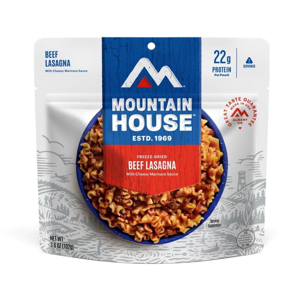 Displays the Mountain House freeze-dried beef lasagna pouch to show shoppers the product they will receive, emphasizing the 22g protein content and serving size. Shows the actual retail packaging…