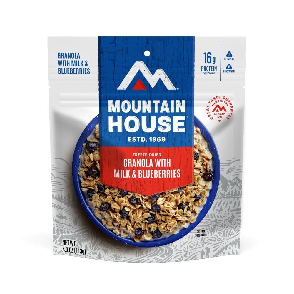 Displays the core sellable product (freeze-dried granola pouch) with clear branding, flavor variant, and nutritional highlights to help shoppers identify the…