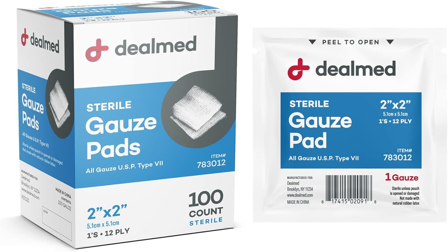 Shows the core product packaging and individual gauze pad to communicate what the buyer receives: sterile medical gauze pads in a 100-count box. Displays both…