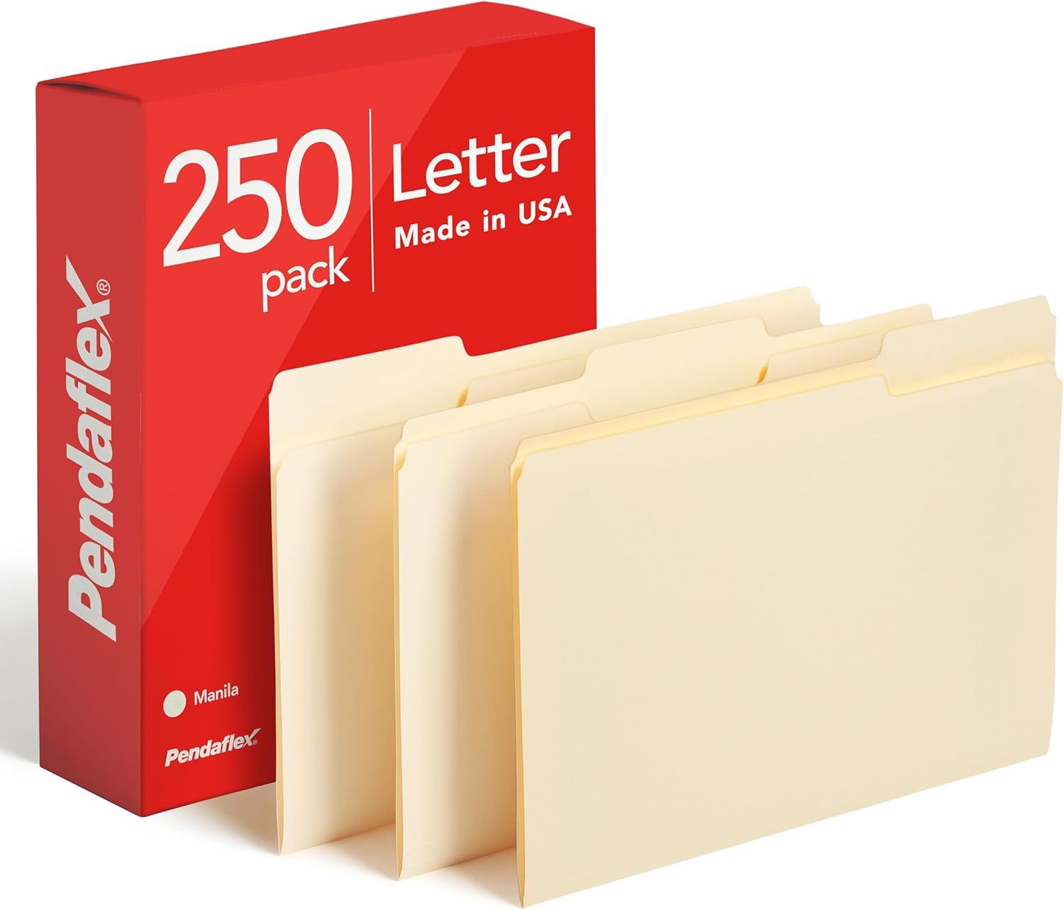 Shows the core product—a 250-pack of letter-size manila file folders—alongside its retail packaging to communicate quantity, size, and brand. Displays the branded retail packaging with clear…