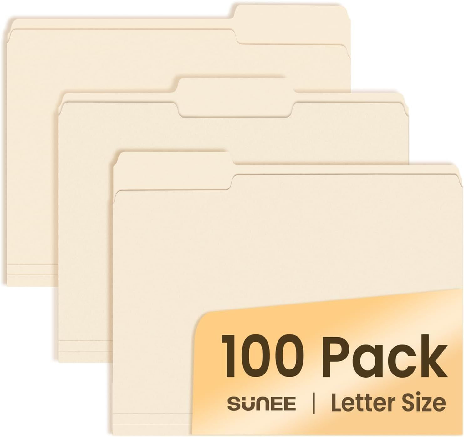 Shows the core product—a 100-pack of letter-size manila file folders—clearly displayed to communicate quantity and size to the shopper. The orange label overlay with 100 Pack and brand information…