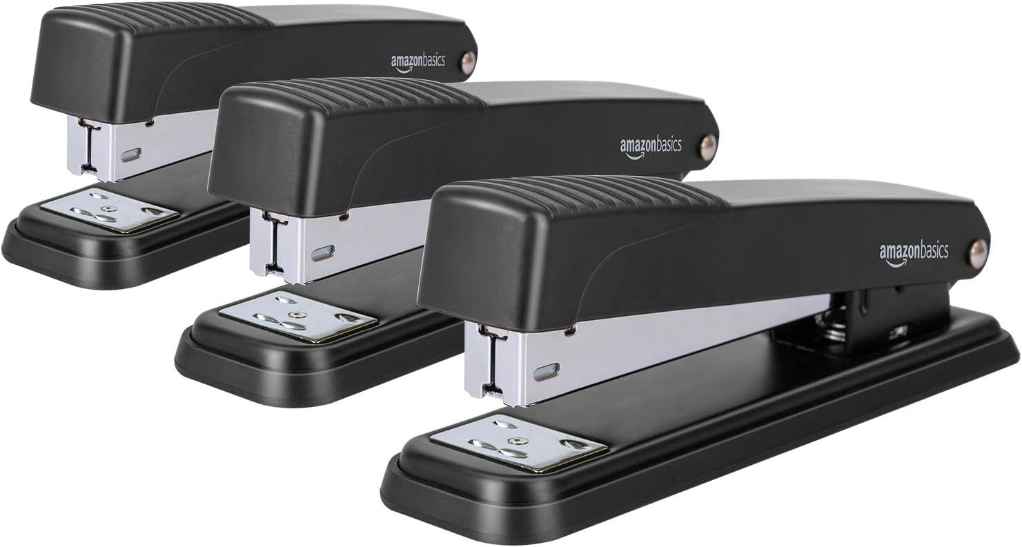 Shows the product as a multi-pack of three identical staplers to communicate the quantity included in the purchase and provide value perception.