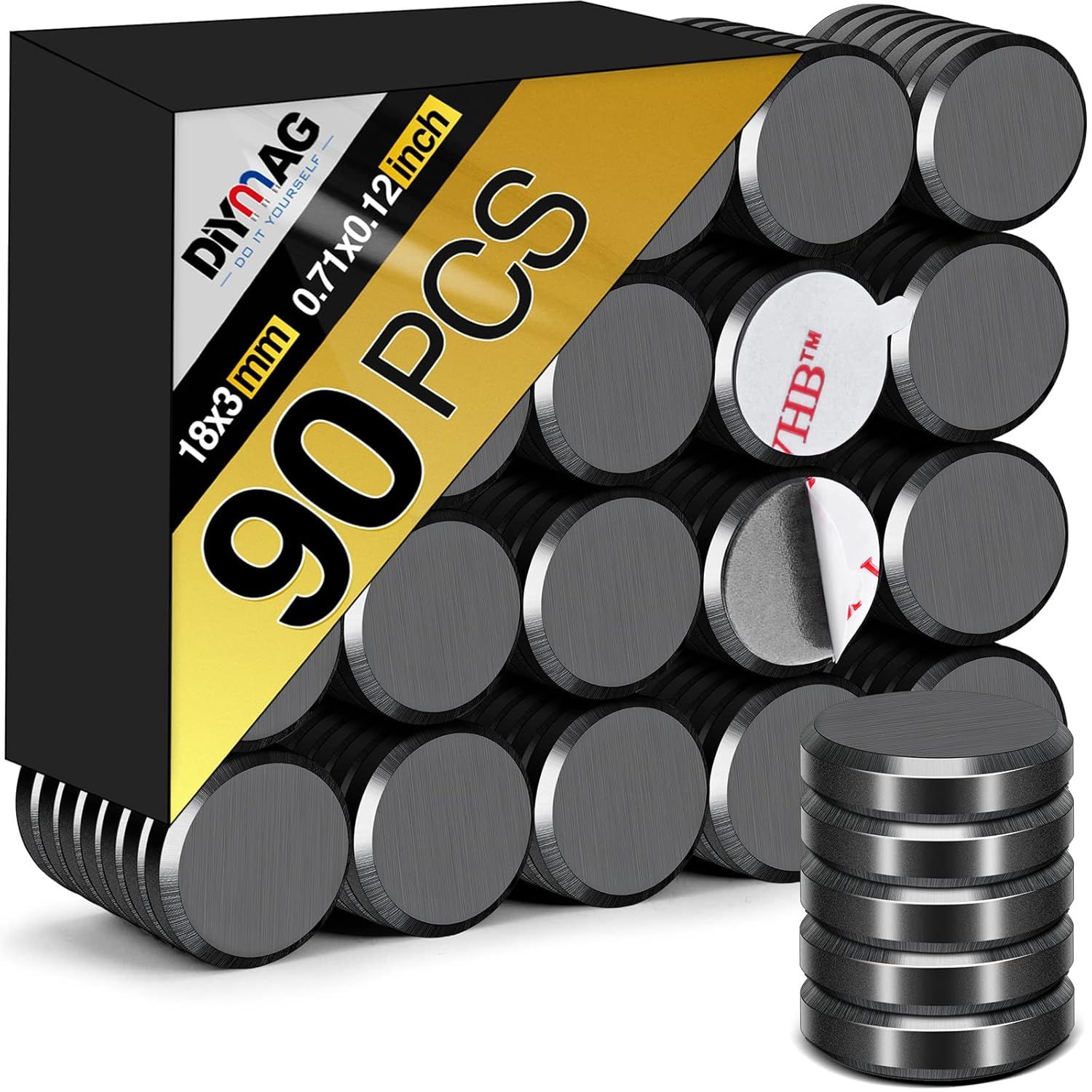 Shows the core product - a 90-piece set of round magnets with their packaging, communicating the quantity, size specifications (168x3mm, 0.71x0.12 inch), and brand to help shoppers understand…
