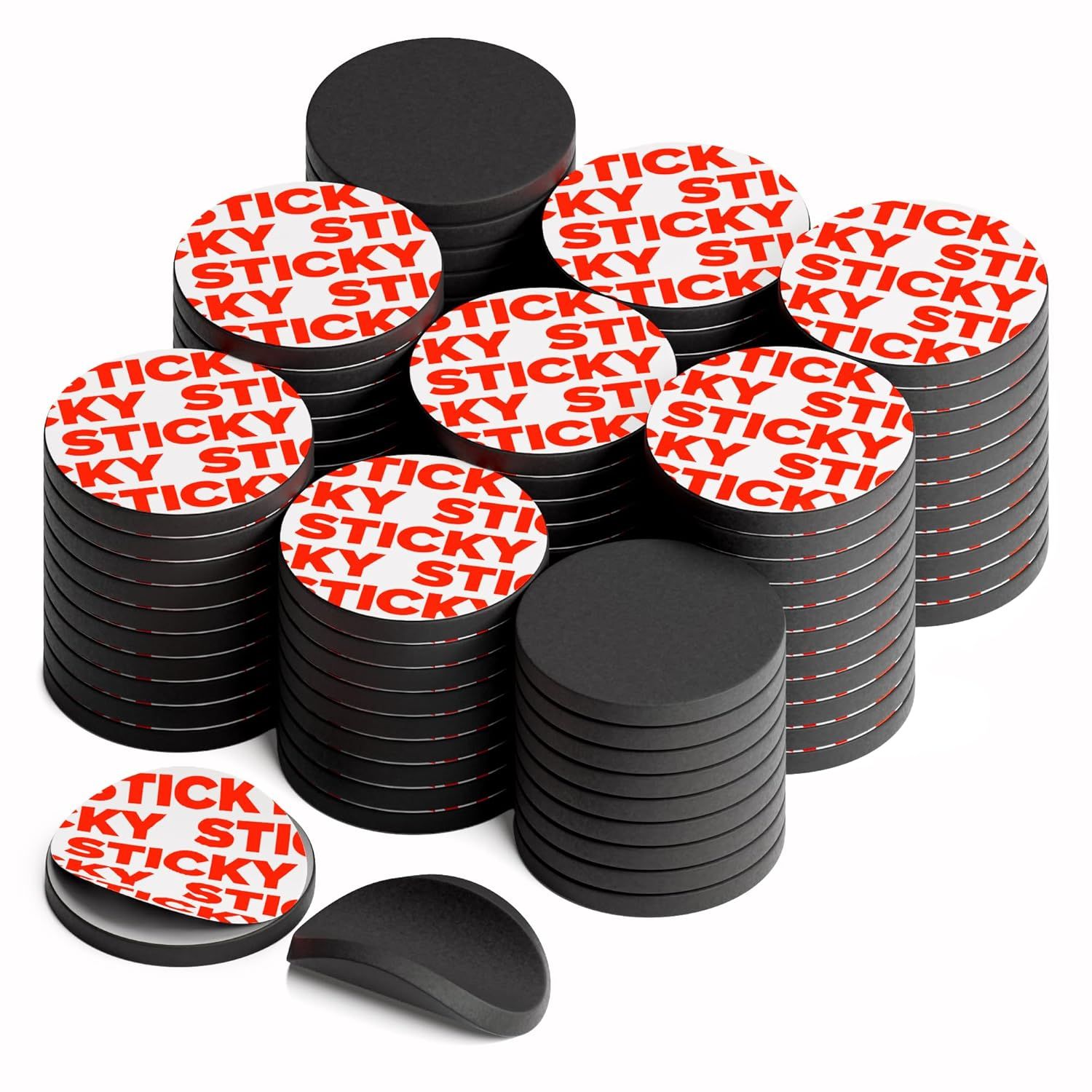 Shows the core product clearly - round adhesive magnets with sticky backing - displayed in multiple stacks to communicate quantity and value in the multi-pack set. Uses bold red STICKY text overlays…
