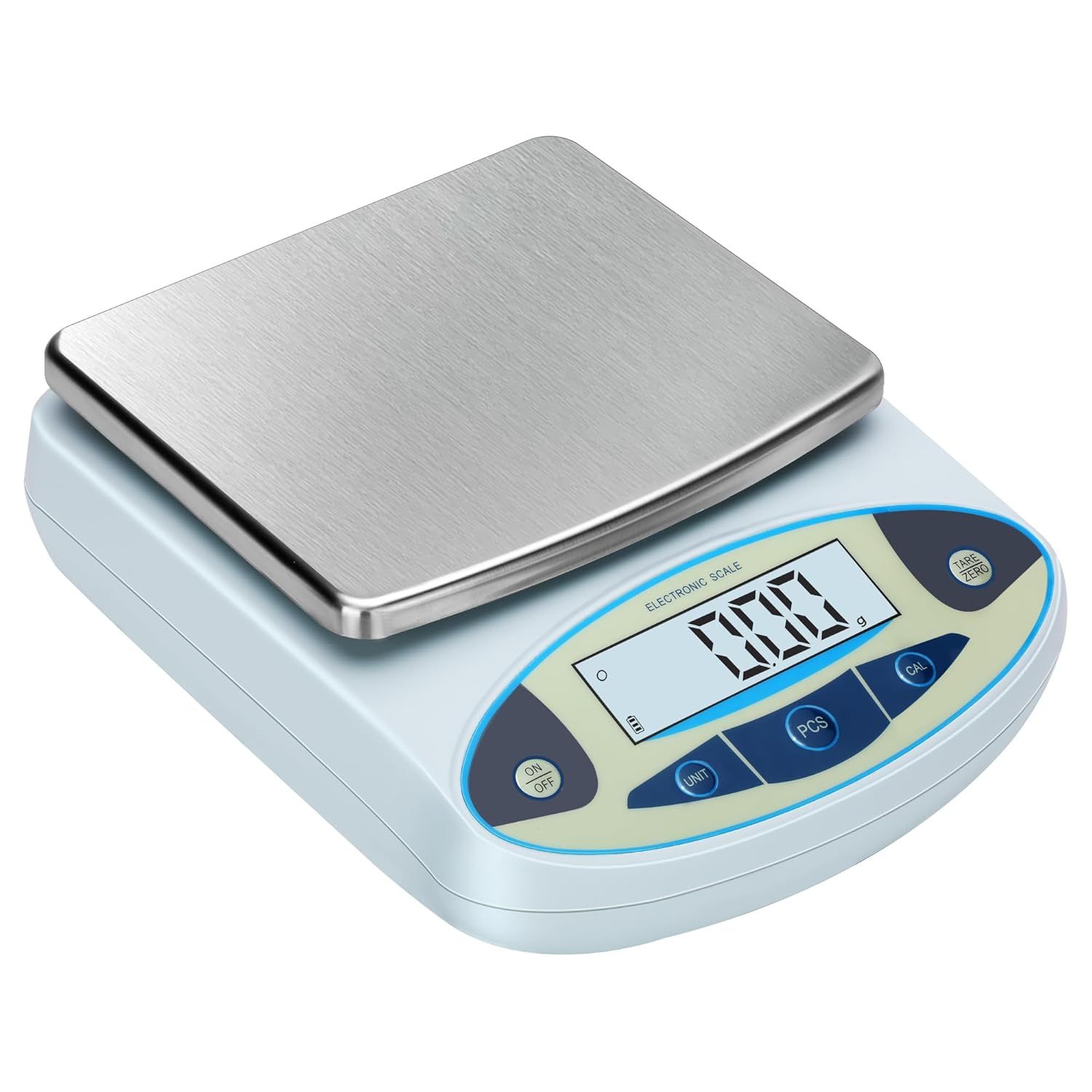 Shows the core electronic scale product with its stainless steel weighing platform and digital LCD display, communicating its professional appearance and functionality for accurate measurements.
