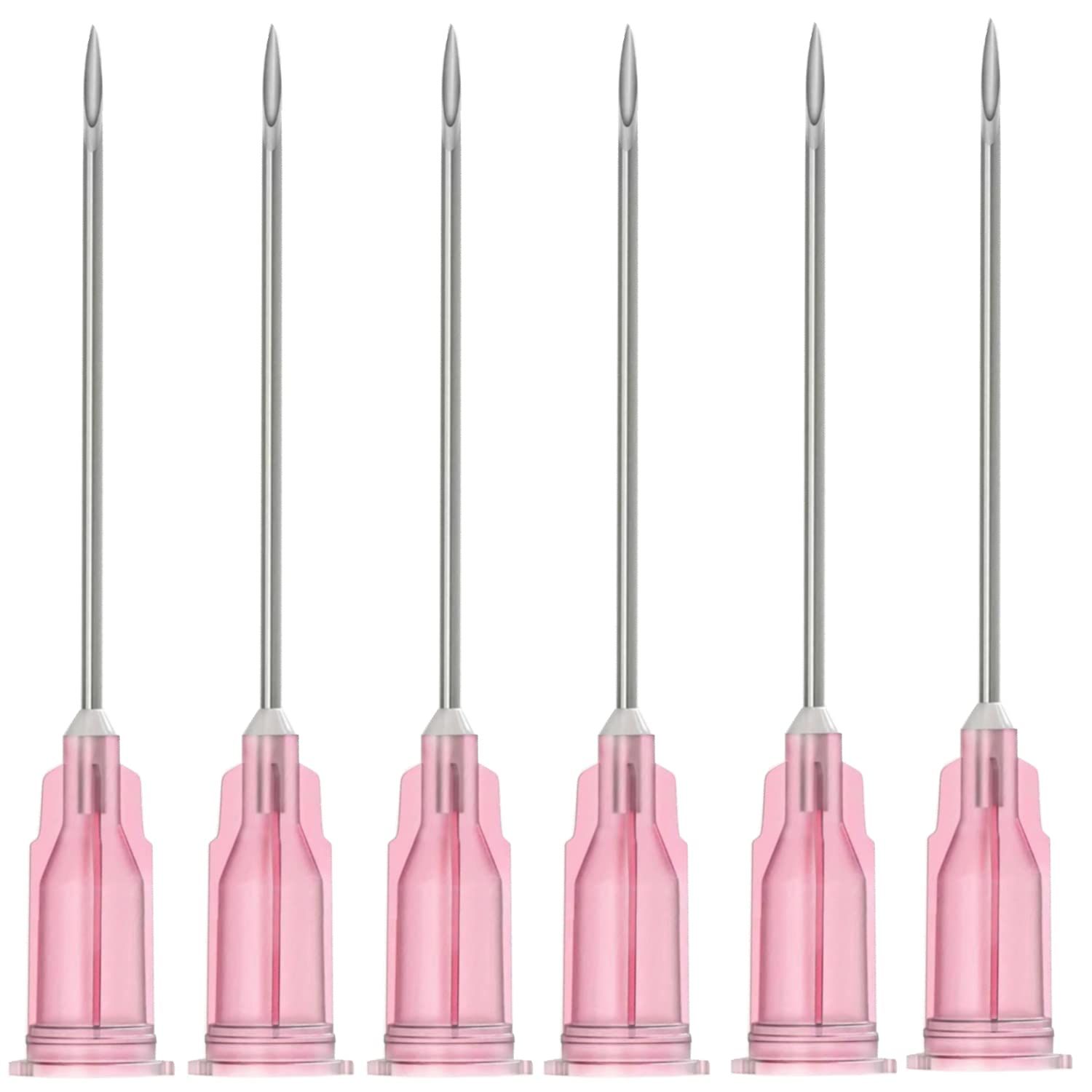 Shows the core product as a set of six identical medical or cosmetic needles with pink bases, allowing shoppers to see the exact item they will receive and understand it comes as a multi-unit pack.