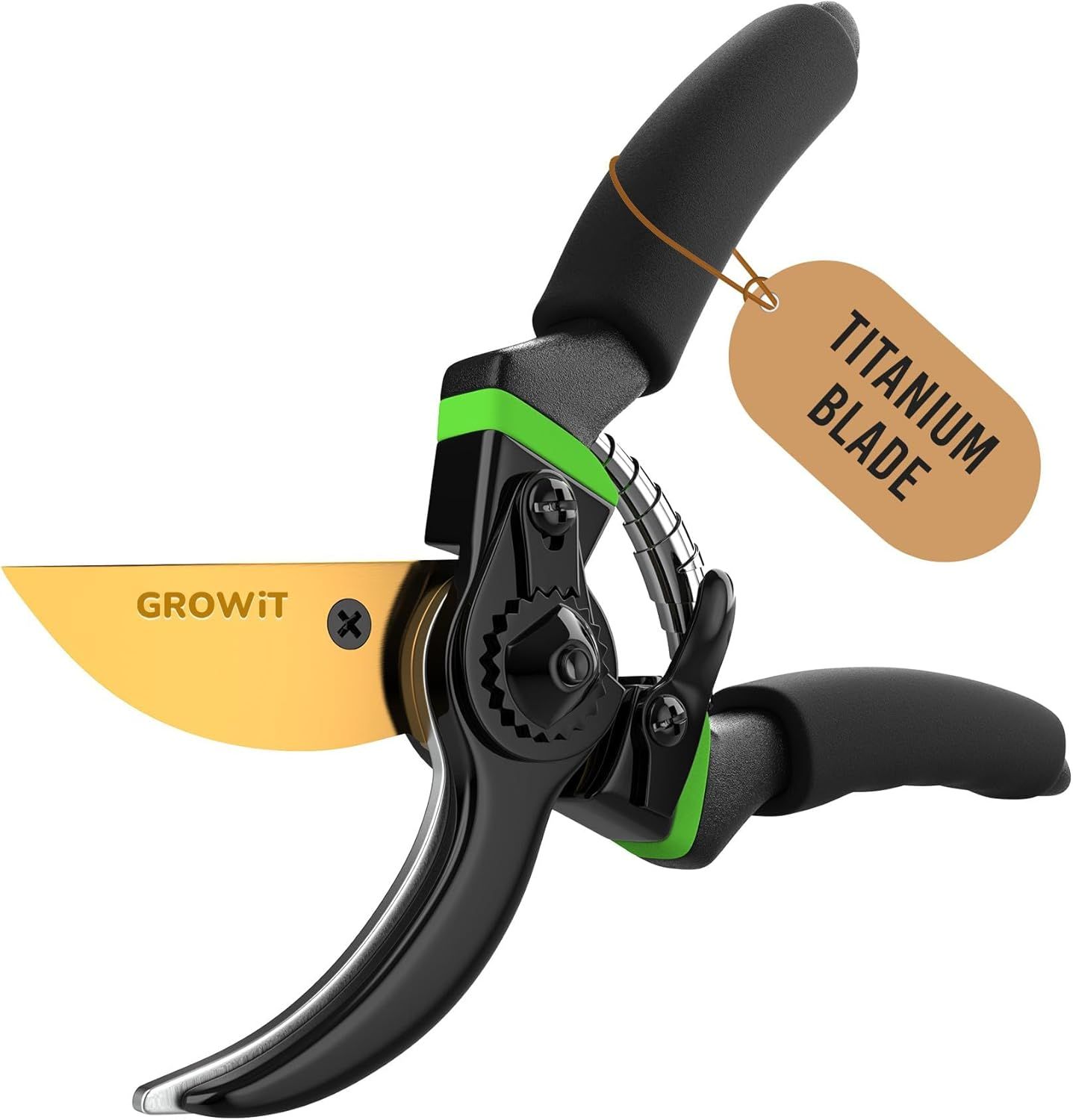 Displays the core product, a pruning shear with a titanium blade and comfortable grip, clearly showing its design and key features to help shoppers understand what they are purchasing. Uses a…
