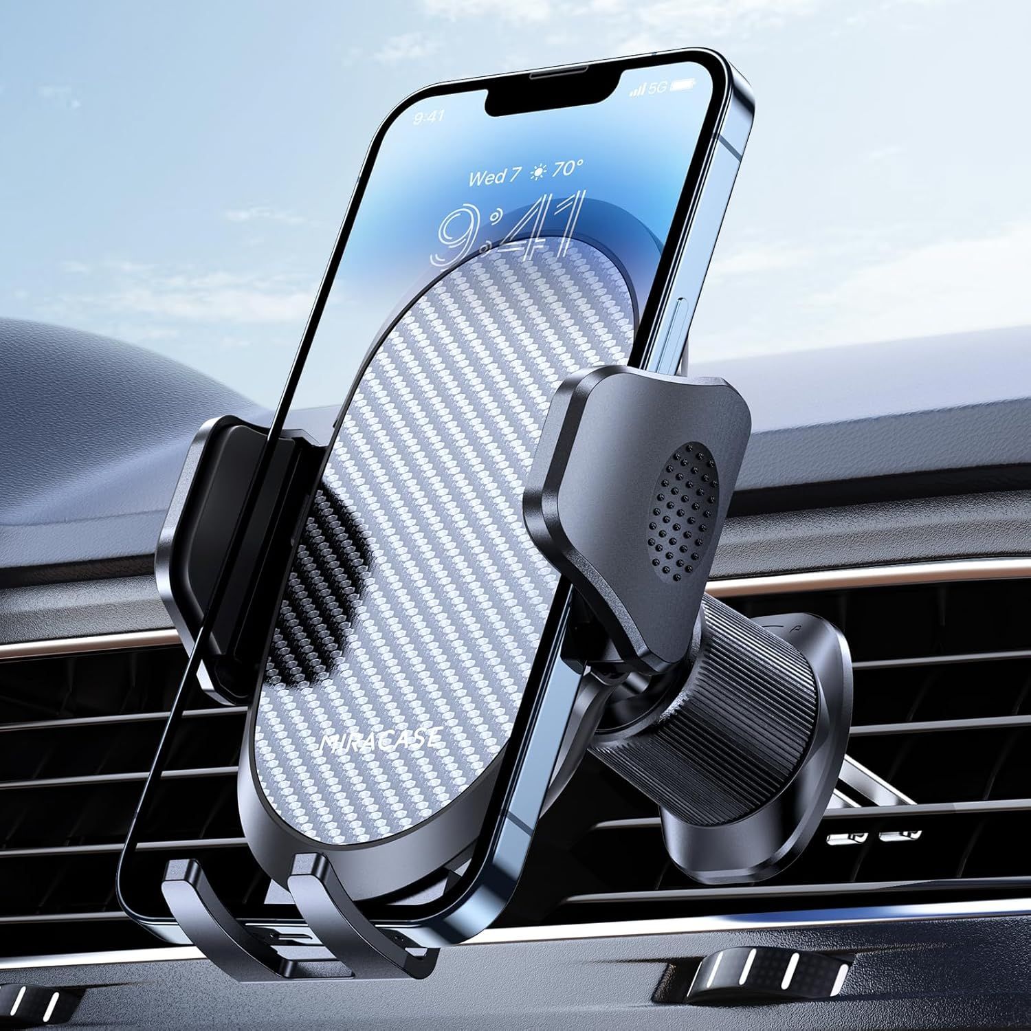 Shows the core product—a car phone mount—holding a smartphone securely in a vehicle vent, demonstrating its primary function and fit for in-car navigation or…