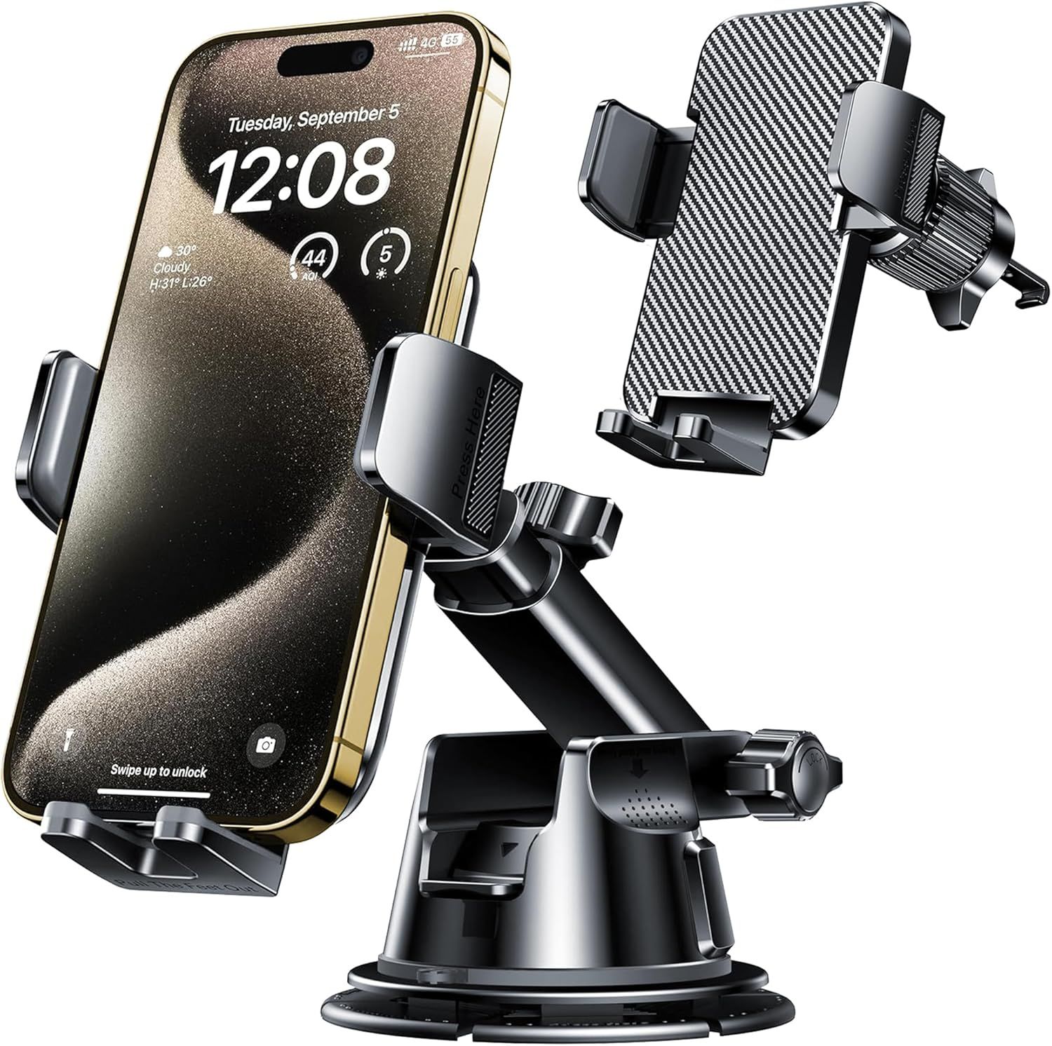Shows the core product - a car phone mount with adjustable side arms and multiple mounting options (dashboard and vent clip) - to communicate its versatility and secure grip functionality.…