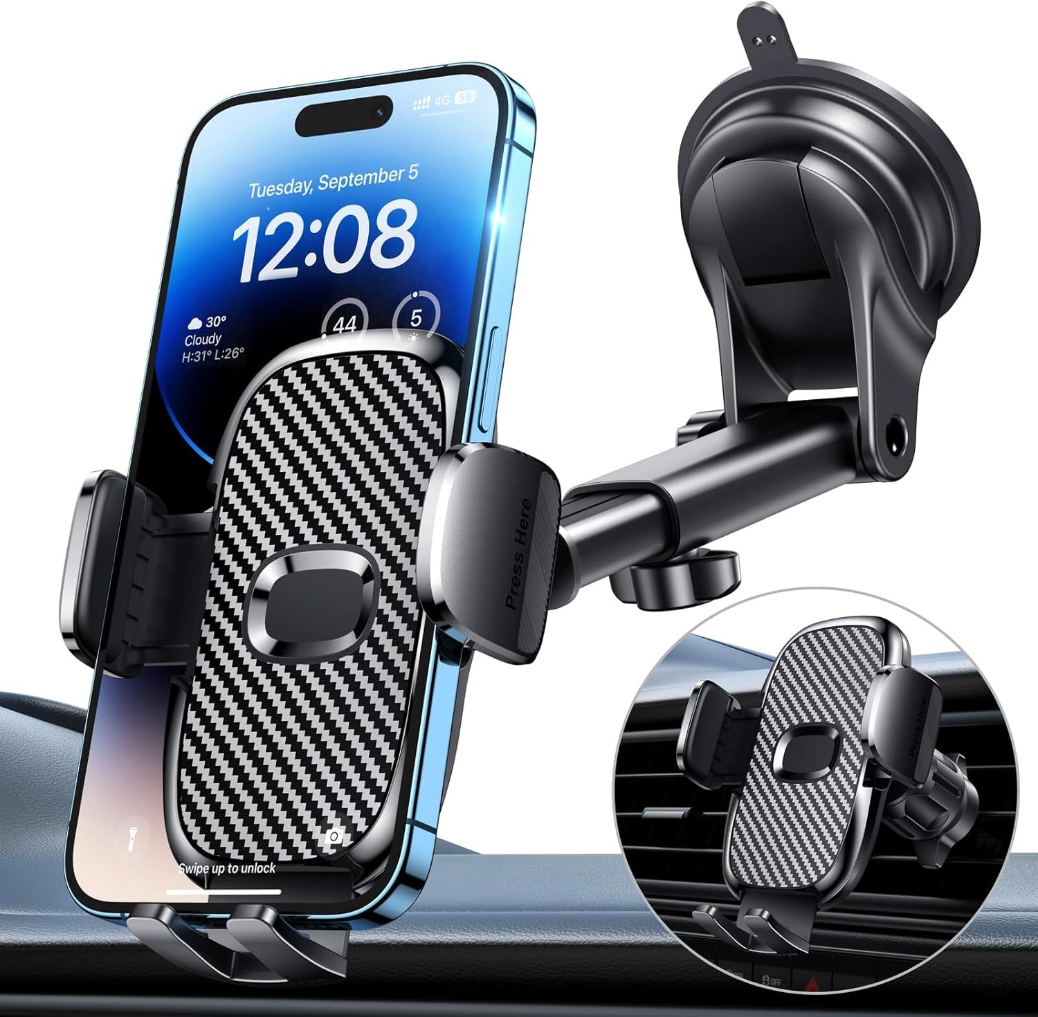 Shows the core product—a car phone mount with both dashboard suction cup and air vent clip mounting options—to communicate versatility and compatibility with different vehicle setups. Demonstrates…