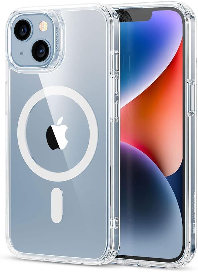 Shows the clear protective phone case with MagSafe charging ring to communicate compatibility with iPhone and wireless charging accessories. Uses subtle drop shadow and light gradient background to…