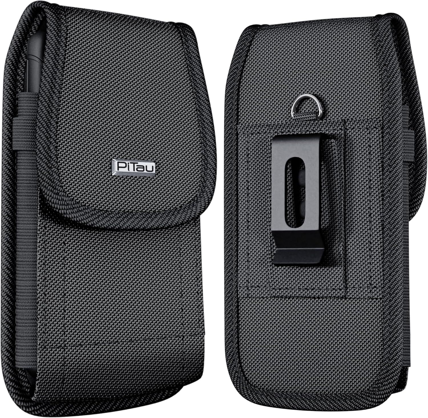 Shows both the front and back of the phone case to communicate its complete design, branding, and belt clip functionality, helping shoppers understand what they will receive.