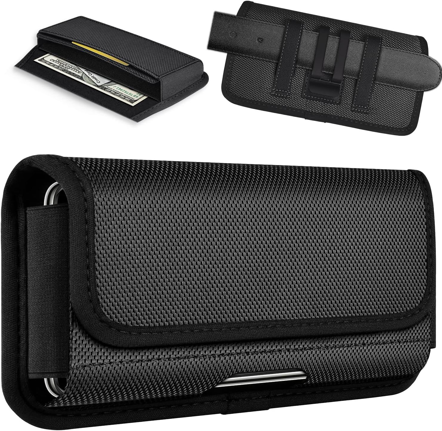 Shows the core product—a phone holster case with belt clip—from multiple angles to communicate its design, construction, and how it attaches to a belt or waistband. Demonstrates how the product…