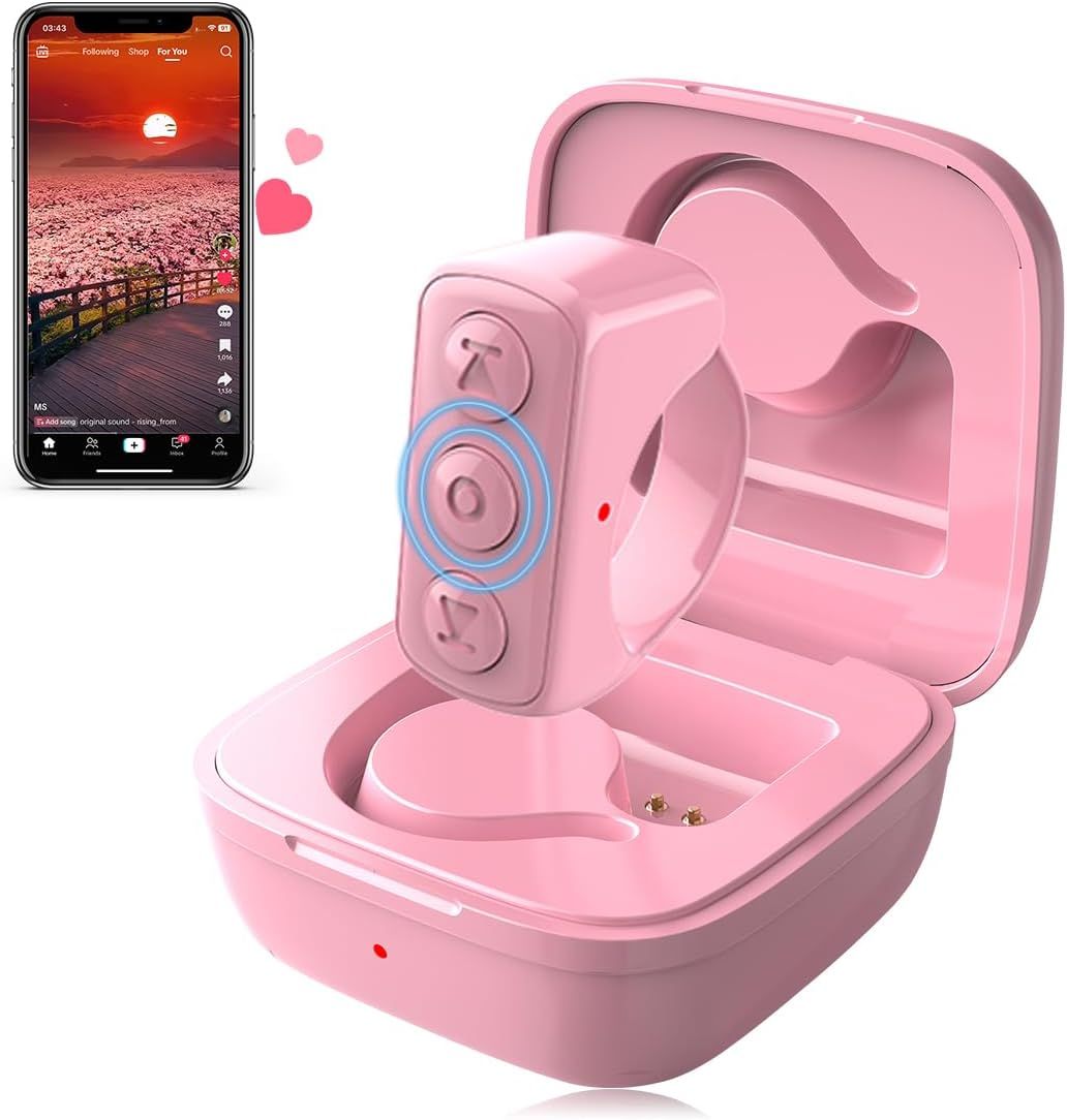 Shows the core product - wireless earbuds in their pink charging case with an integrated phone stand holder, demonstrating the dual functionality of the case as both a charger and phone mount.…