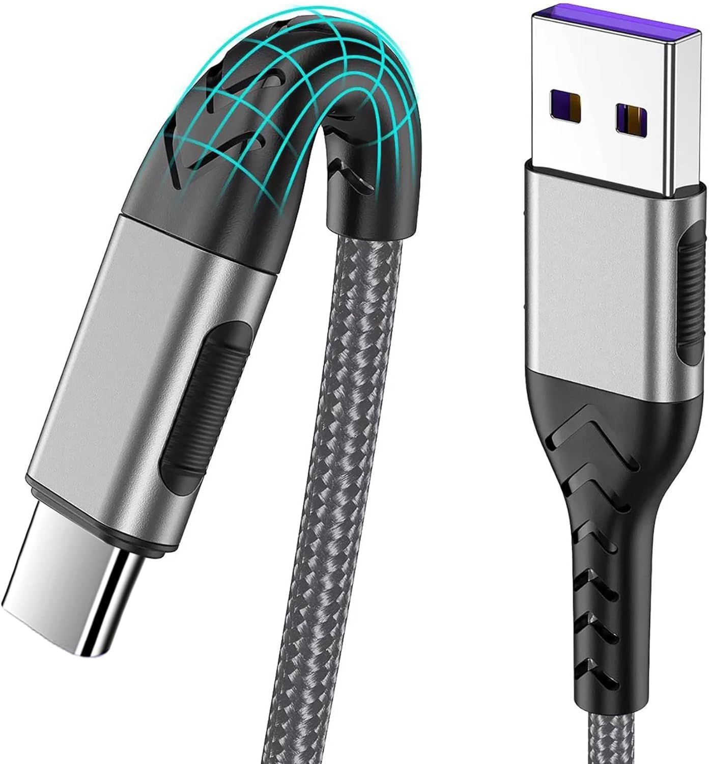 Shows the core product—a USB charging cable—with premium construction details like braided fabric shielding and reinforced metal connectors to communicate durability and quality. Uses cyan graphic…