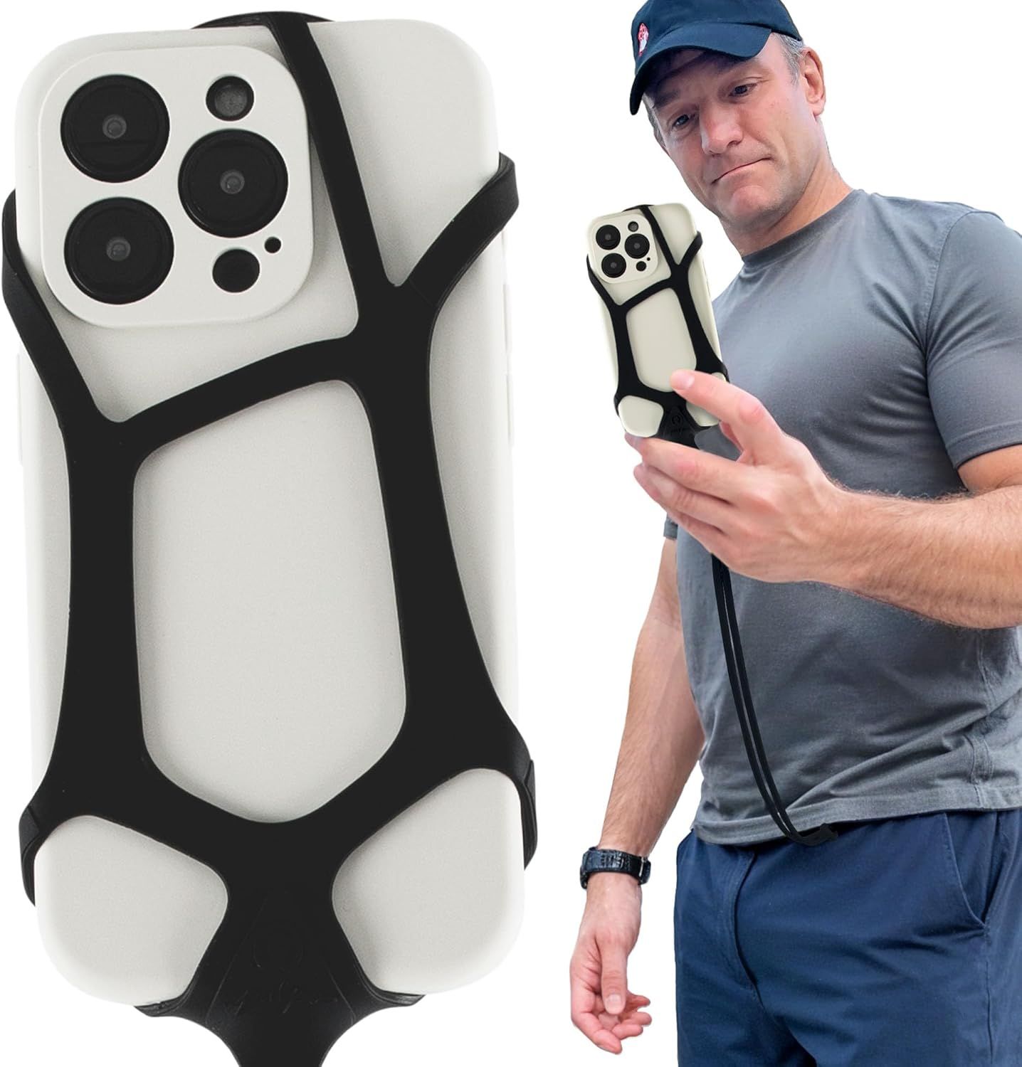 Shows the core product—a protective phone case with an integrated strap—both in close-up detail and in use, helping shoppers understand what they are purchasing. Demonstrates how the product is held…