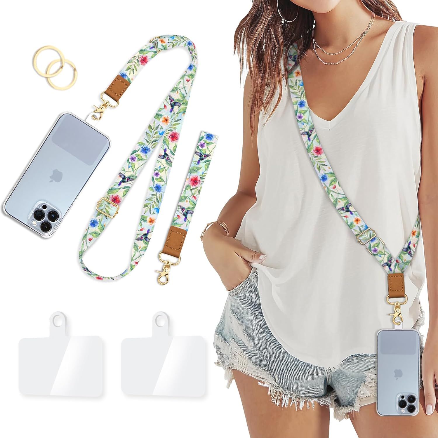 Shows a person wearing the phone strap to demonstrate how it looks when worn and how it enables hands-free carrying, helping shoppers visualize the product in use. Displays the complete set of…