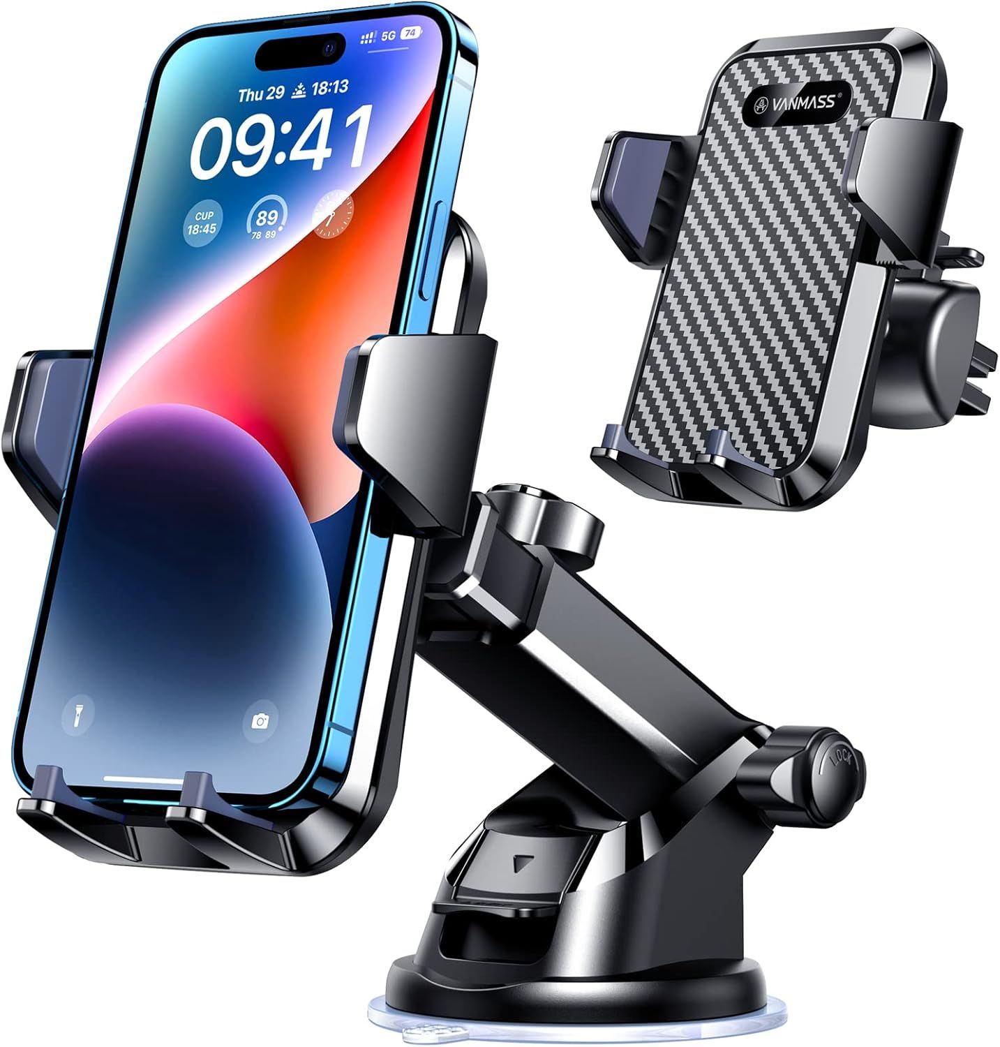 Shows the core product—a car phone mount—with a smartphone secured in it, demonstrating its primary function of holding phones securely in vehicles. The image also displays the mount from multiple…