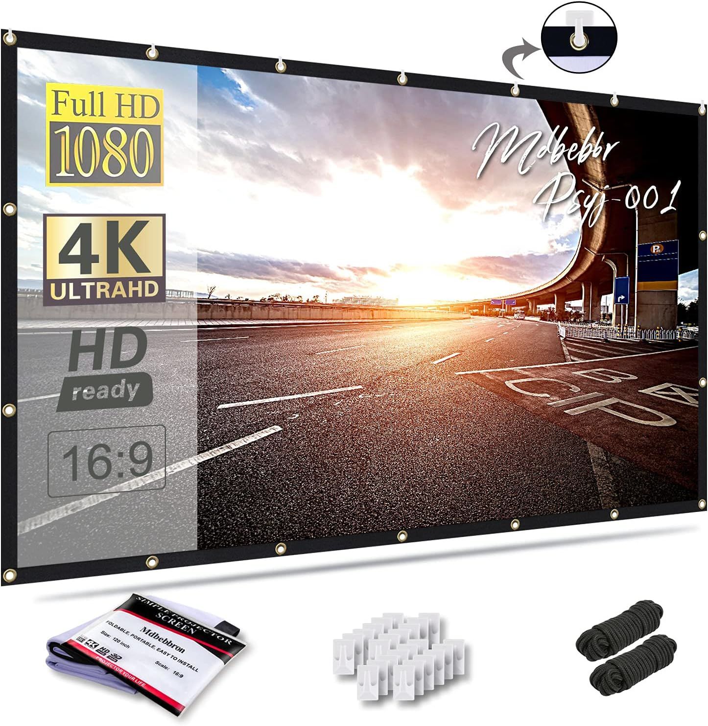 Shows the core product—a portable projector screen with grommet mounting system—displaying its size, quality specifications, and included accessories to help shoppers understand what they are…